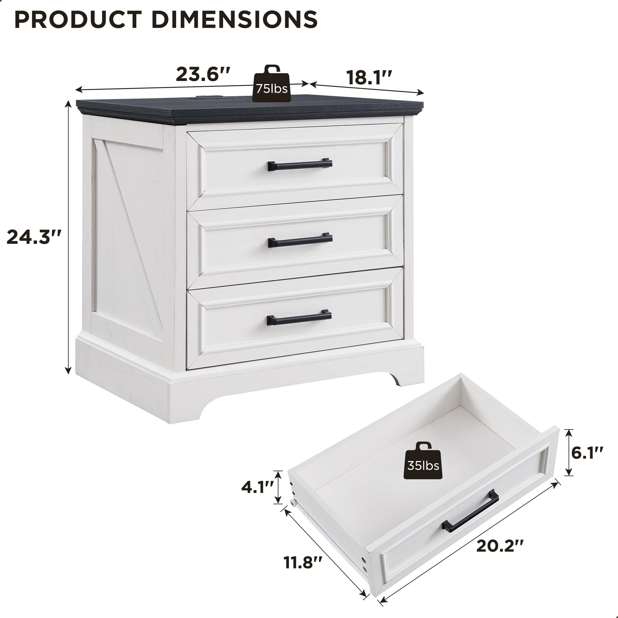 Farmhouse Nightstand with USB Charging Station - 24 Inch Wide Rustic Wood End Table with 3 Large Drawers & Bar Handles - Small Dresser Chest for Bedroom, Living Room, Closet (Off White) - Perfect for Modern Farmhouse Decor & Bedside Organization