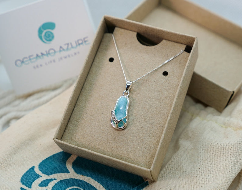 Natural Larimar & Crystal Flip Flop Pendant Necklace - Beach Jewelry for Summer Vacation, Pool Party & Tropical Getaways