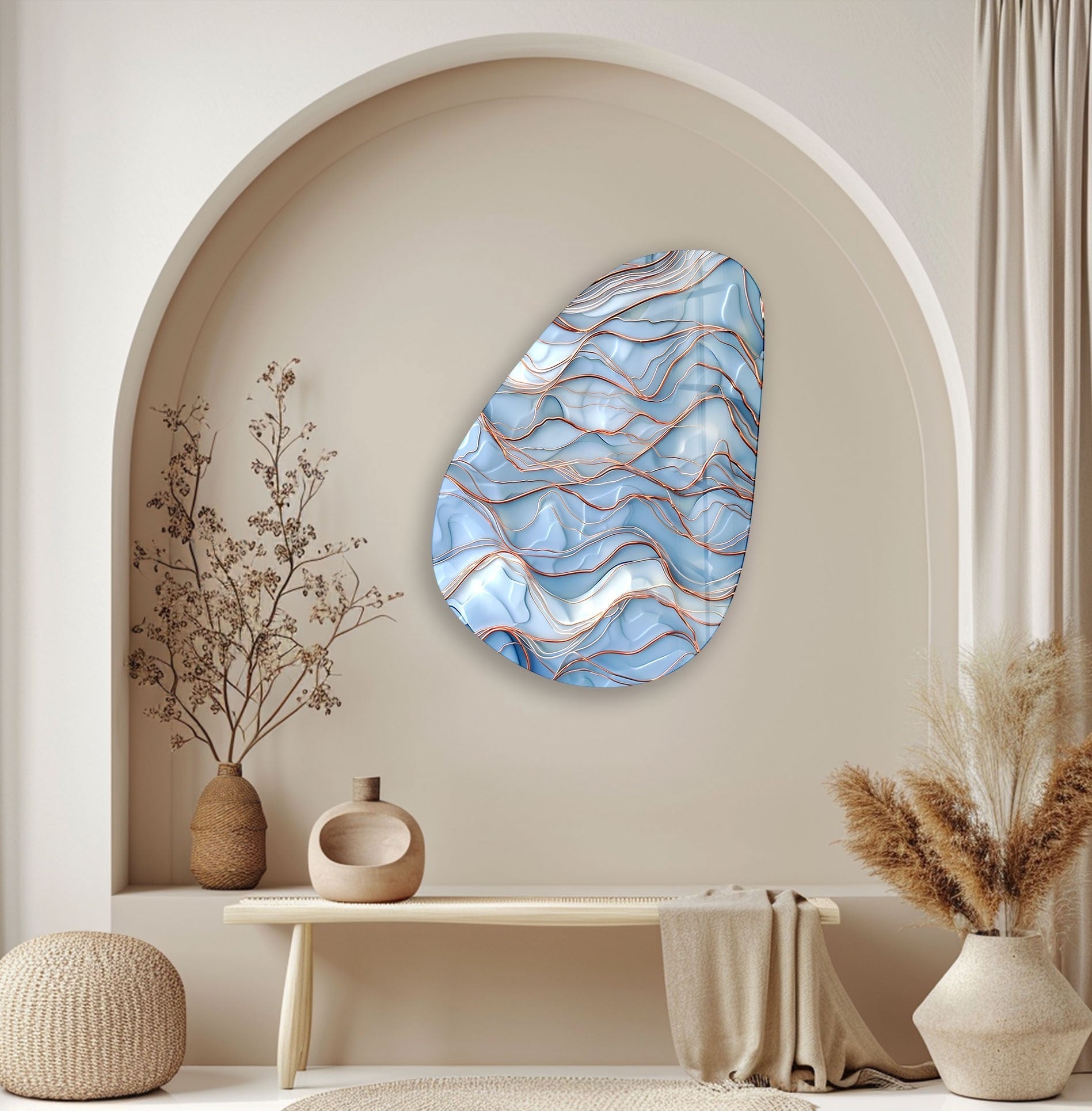 Blue Golden Marble Glass Wall Art - Handmade Asymmetrical Oval Design for Living Room, Bedroom & Office Decor | Modern Abstract Home Wall Decor