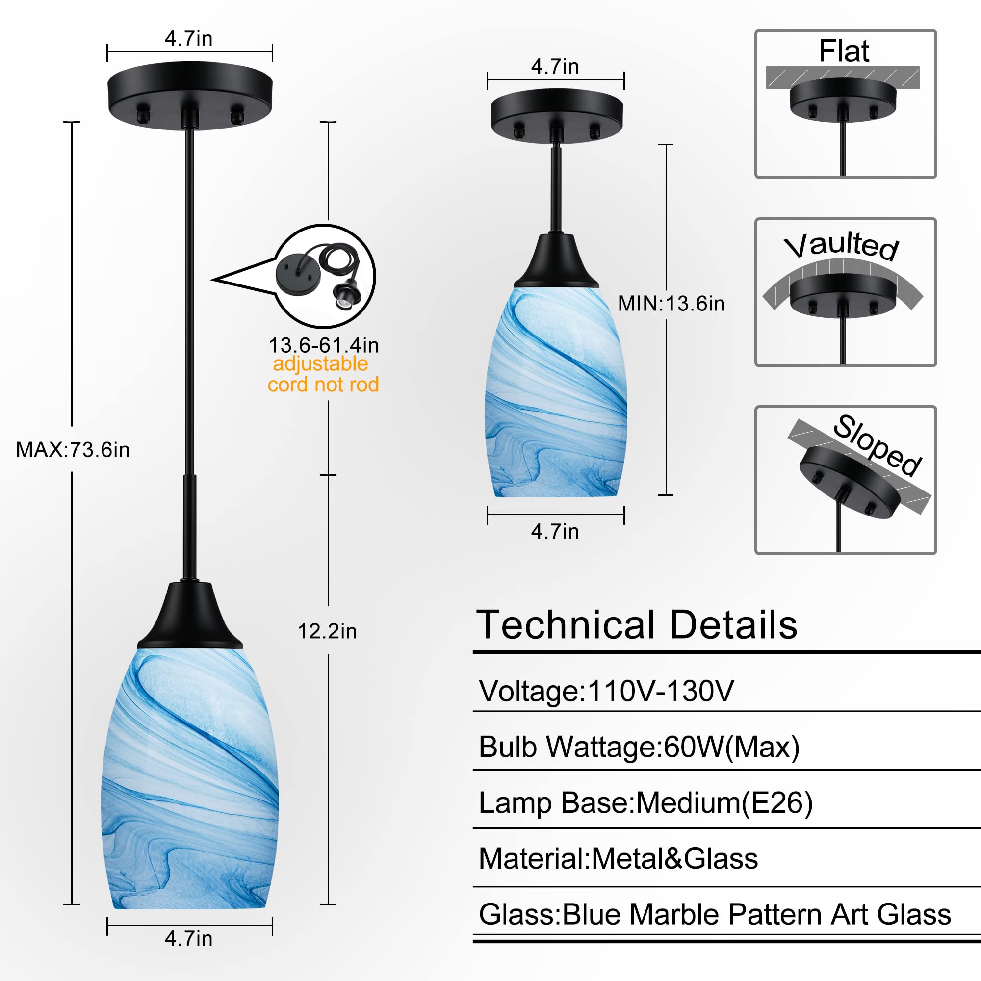 Viinew 3-Pack Mini Blue Marble Glass Pendant Light - 4.72