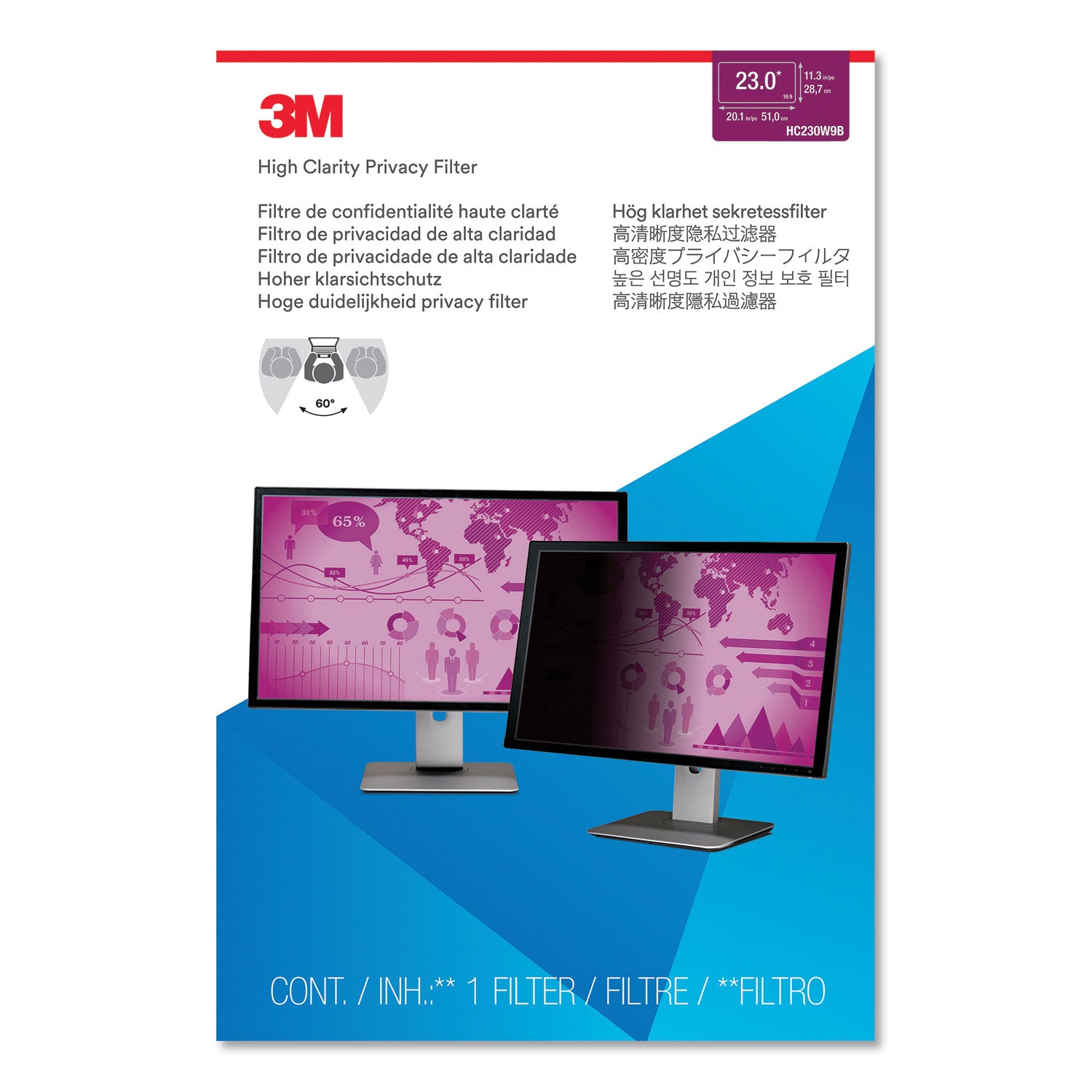 3M™ High Clarity Privacy Screen Protector for 23-inch Widescreen Monitors (16:9 Aspect Ratio) - Reduce Glare & Protect Sensitive Data in Offices, Banks & Public Spaces