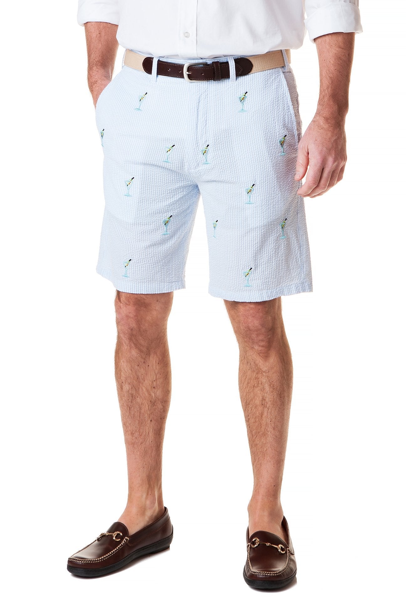 Cisco Embroidered Short Sleeve Blue Seersucker Shirt with Martini Design | Casual Summer Wear for Men | Perfect for Beach Parties & Outdoor Events