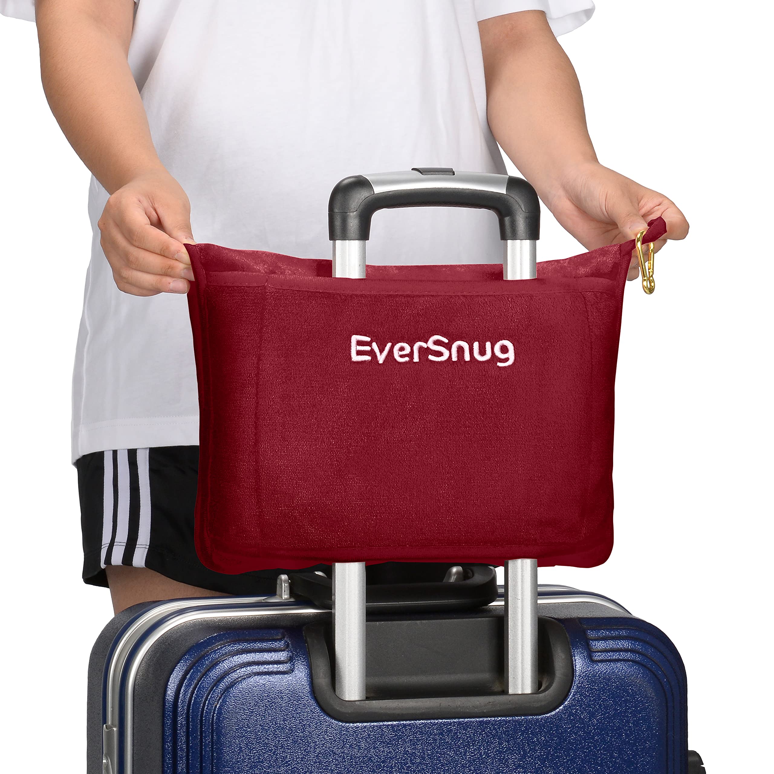 EverSnug Ultra-Soft Travel Blanket & Pillow Set - 65x40 Inch Compact Airplane Blanket with Carry Case, Luggage Sleeve & Backpack Clip - Lightweight Burgundy Travel Accessories for Flights, Camping & Road Trips