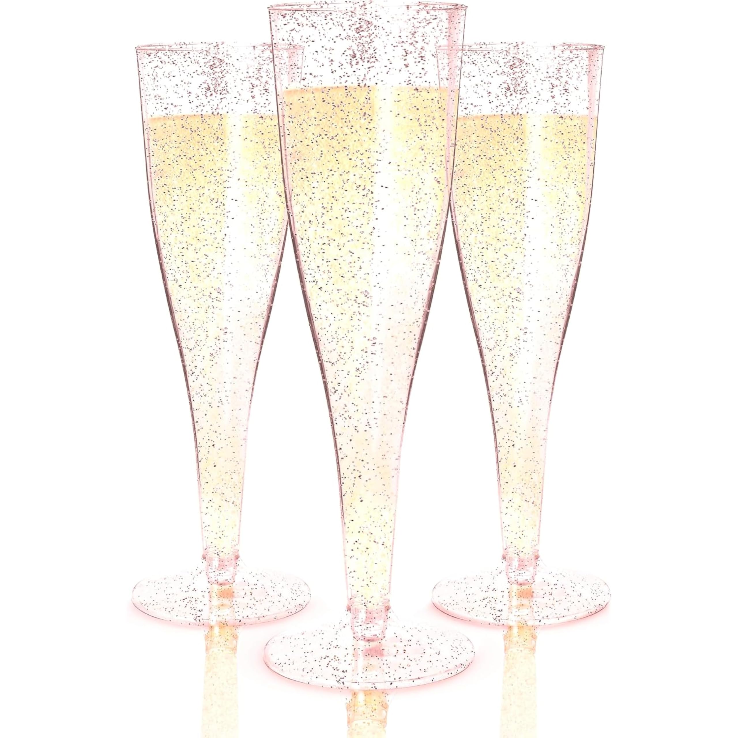 Prestee 24-Pack Rose Gold Glitter Plastic Champagne Flutes - Elegant Disposable Cocktail Glasses for Wedding, Bridal Shower, NYE Party & Mimosa Bar - Perfect for Celebrations, Toasts & Special Events