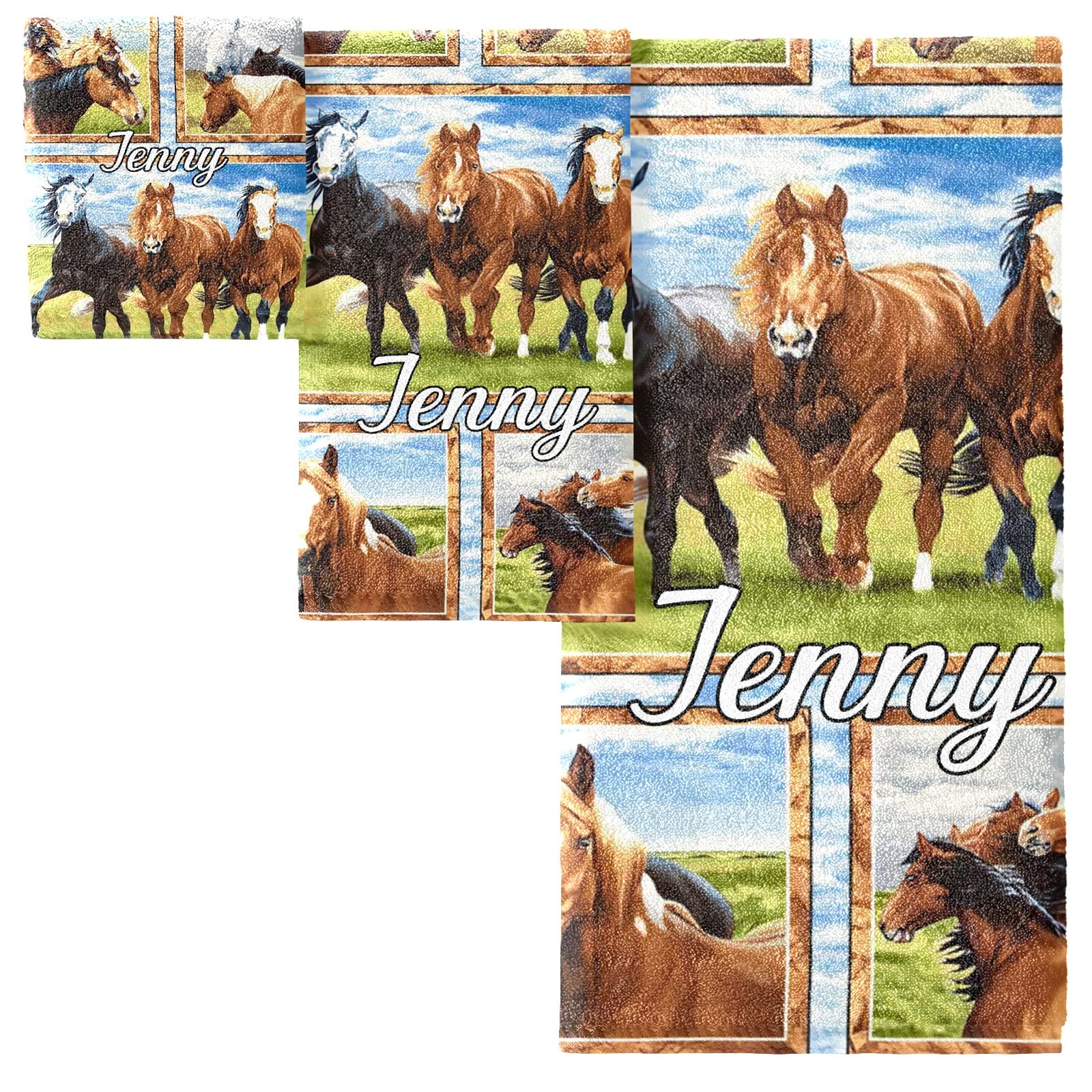 Personalized Black & Brown Horse Name Bath Towel Set - 3 Piece Soft Cotton Towels (Beach, Hand & Washcloth) for Bathroom, Hotel, Gym, Spa & Kitchen - Perfect for Equestrian Lovers & Horse-Themed Decor