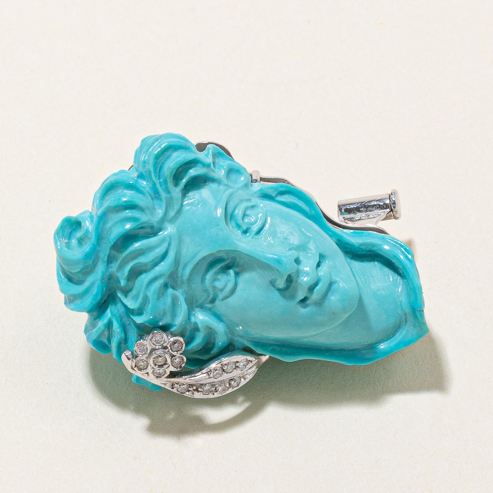 Exquisite 50.00ct Turquoise & 0.14ct Diamond Cameo Convertible Pendant & Brooch - Vintage Jewelry for Women | Perfect for Weddings, Anniversaries & Special Occasions