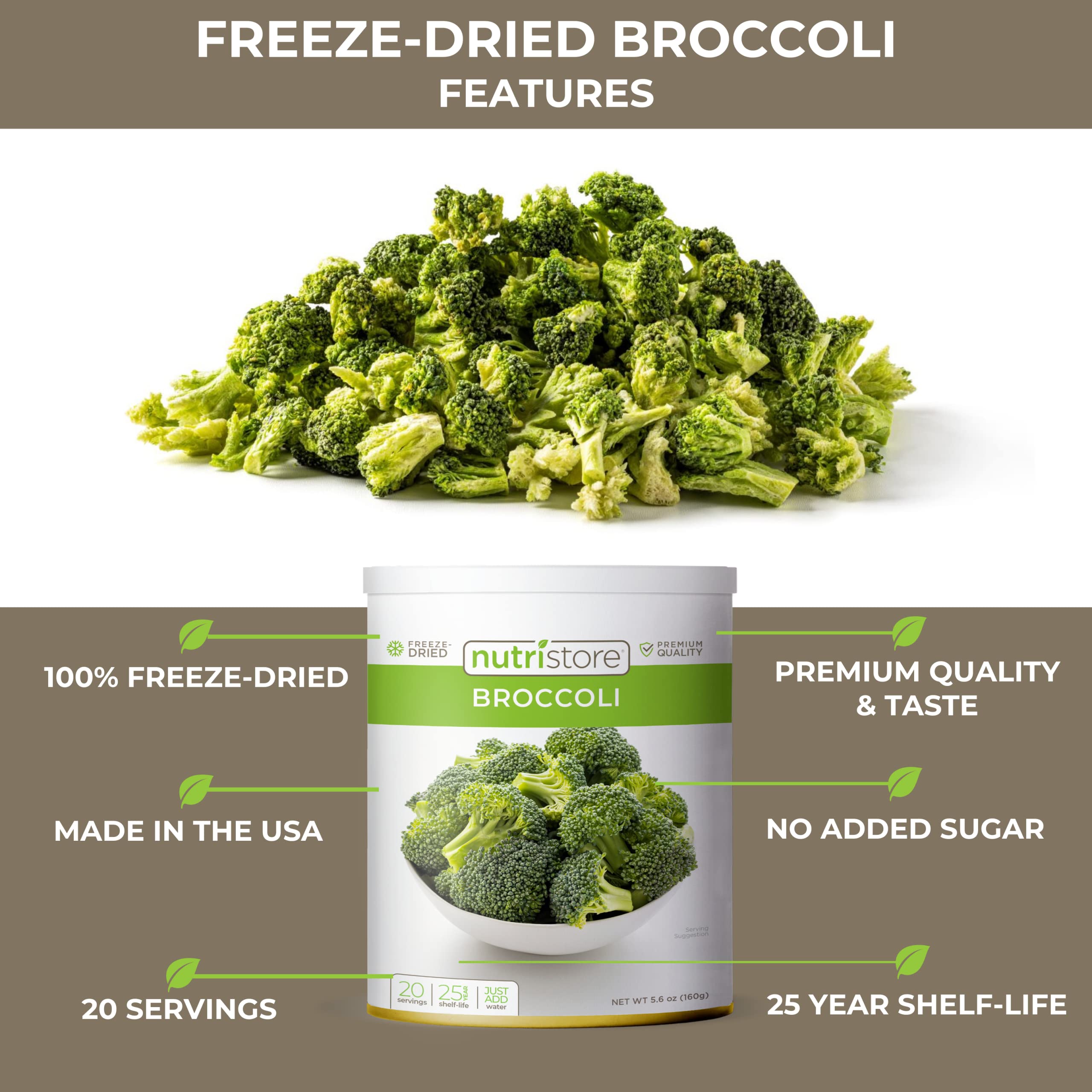 Nutristore Freeze Dried Broccoli - Healthy Vegetable Snacks for Emergency Food Storage | Long Shelf Life (25 Years) Bulk #10 Can | Perfect for Camping, Hiking & Survival Kits (4-Pack)