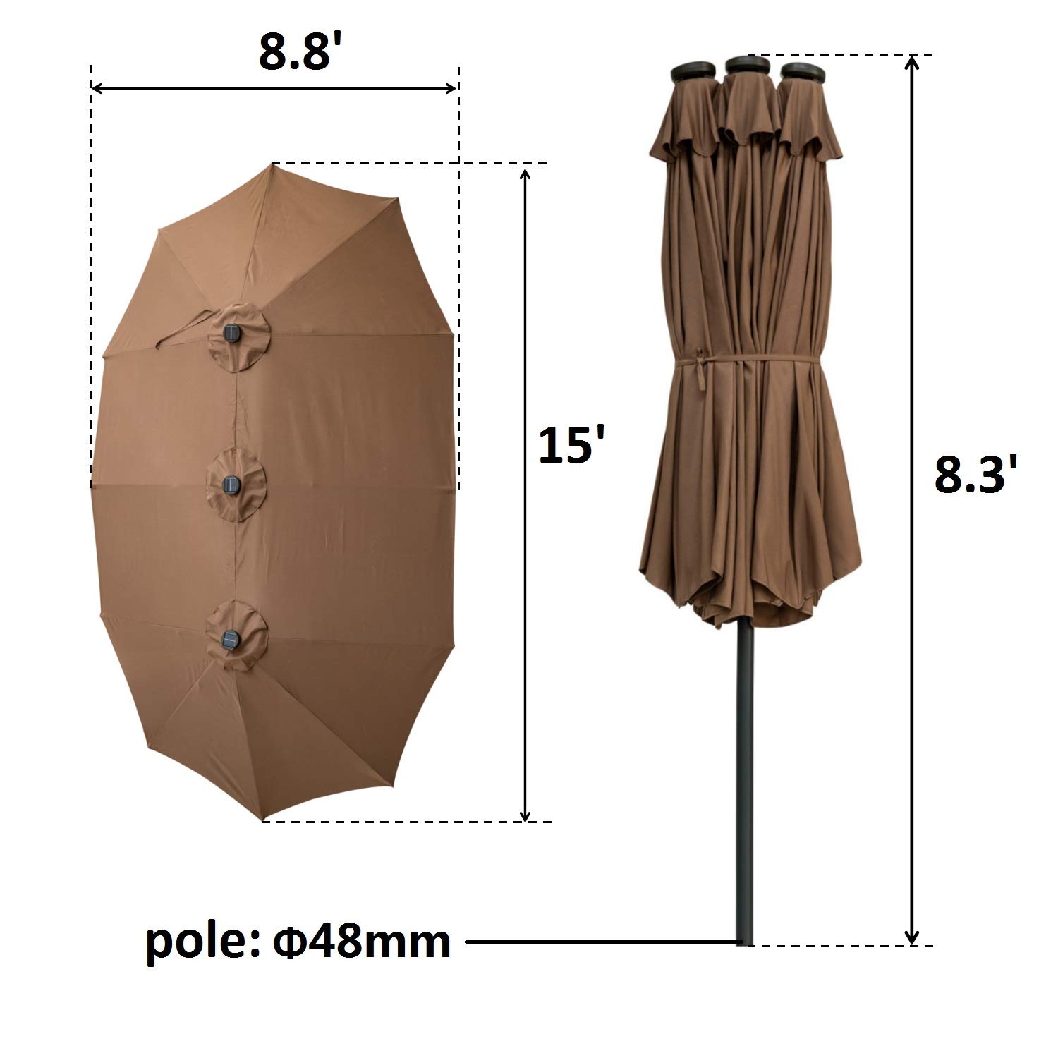 Leisurelife 15Ft Double-Sided Patio Market Umbrella with Solar Lights & Crank - Extra Large Outdoor Shade for Garden, Poolside, Restaurant, and Backyard Relaxation