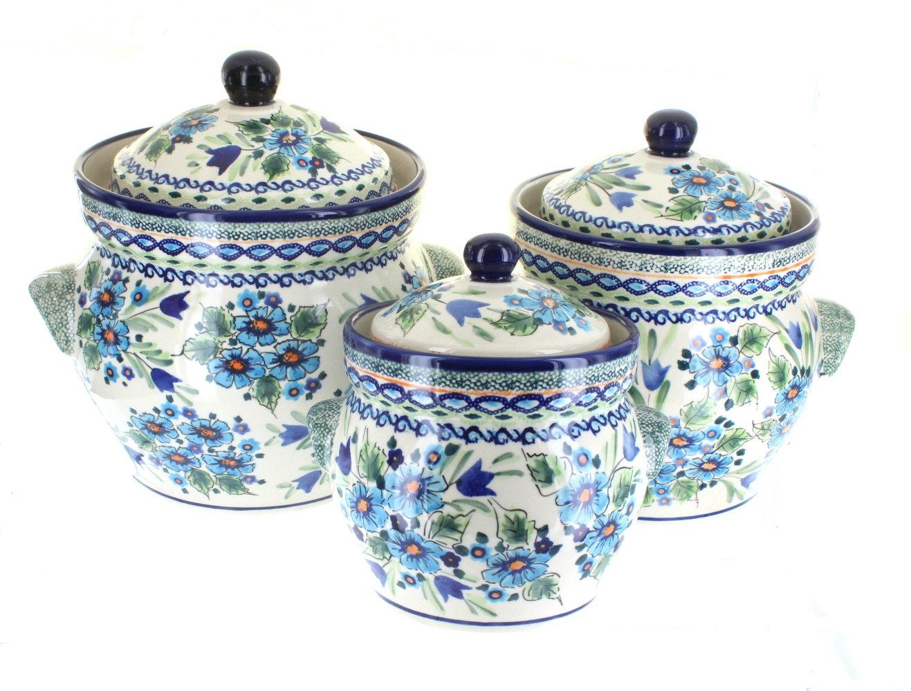 Blue Rose Polish Pottery Ballina Large Canister Set – Hand-Painted Ceramic Storage Jars for Kitchen, Pantry & Home Decor | Perfect for Flour, Sugar, Coffee & Dry Goods