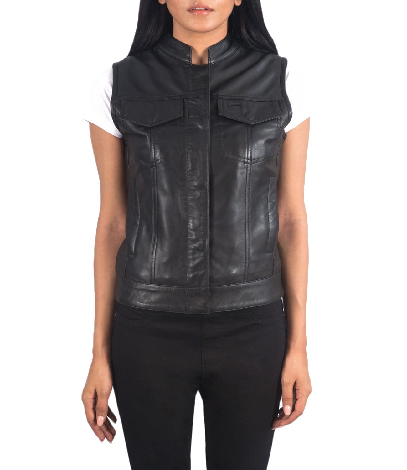 Rayne Women's Black & Brown Leather Moto Vest - Genuine Sheepskin Biker Vest for Women | Perfect for Motorcycle Riding, Casual Outfits & Fashion Layering