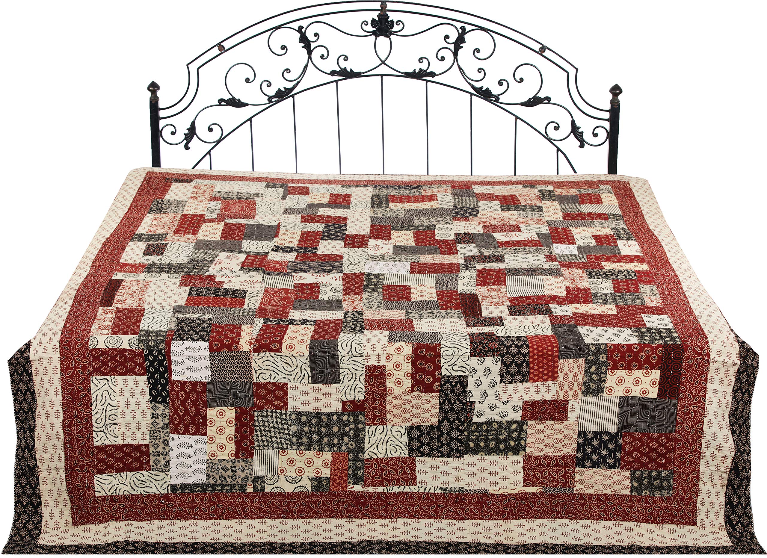 Reversible Brown Printed Bedspread with Patchwork & Kantha Stitch Embroidery - Cozy Boho Chic Throw for Bedroom Decor & Guest Room Styling