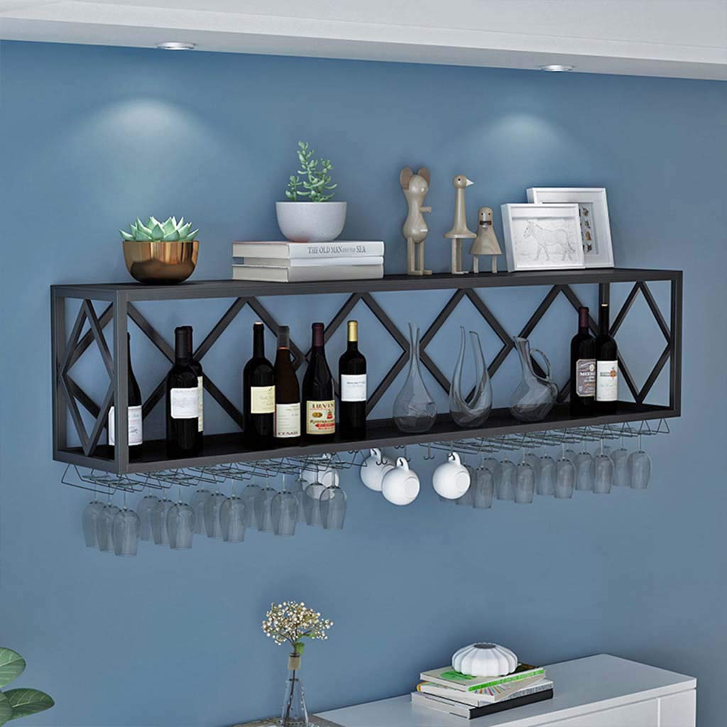 Floating Wall Shelves for Bar - Inverted Wine Glass Rack & Iron Bottle Holder with Partitions | Space-Saving Hanging Goblet Storage for Kitchen, Dining Room or Home Bar Decor
