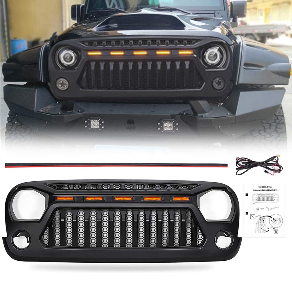 Jeep Wrangler JK & JKU Angry Face Grill (2007-2018) - Matte Black with 5 Amber Lights | Compatible with Rubicon, Sahara, Sport Models | Off-Road & Custom Jeep Accessories Upgrade