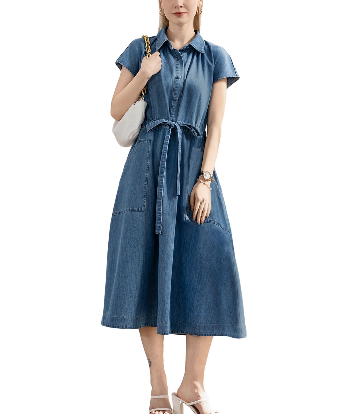 ALSOGO Women's Casual Denim Dress - Short Sleeve Midi Jean Dress with Waist Drawstring & Pockets | Perfect for Summer Outings, Beach Vacations and Casual Everyday Wear