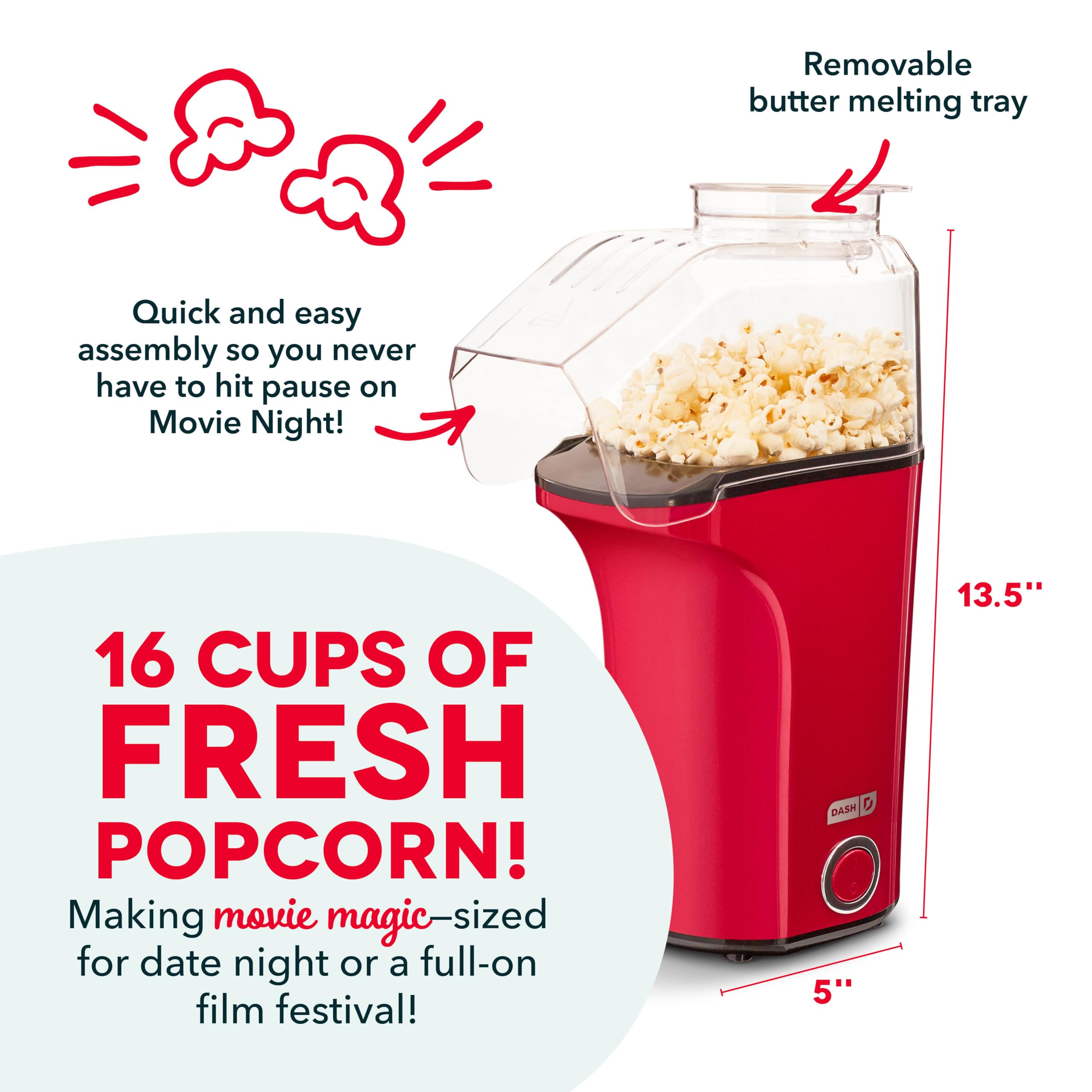 DASH Hot Air Popcorn Maker Machine - Healthy Snack Maker with Measuring Cup & Butter Melter - Makes 16 Cups - Perfect for Movie Nights, Parties & Family Snacking - Red