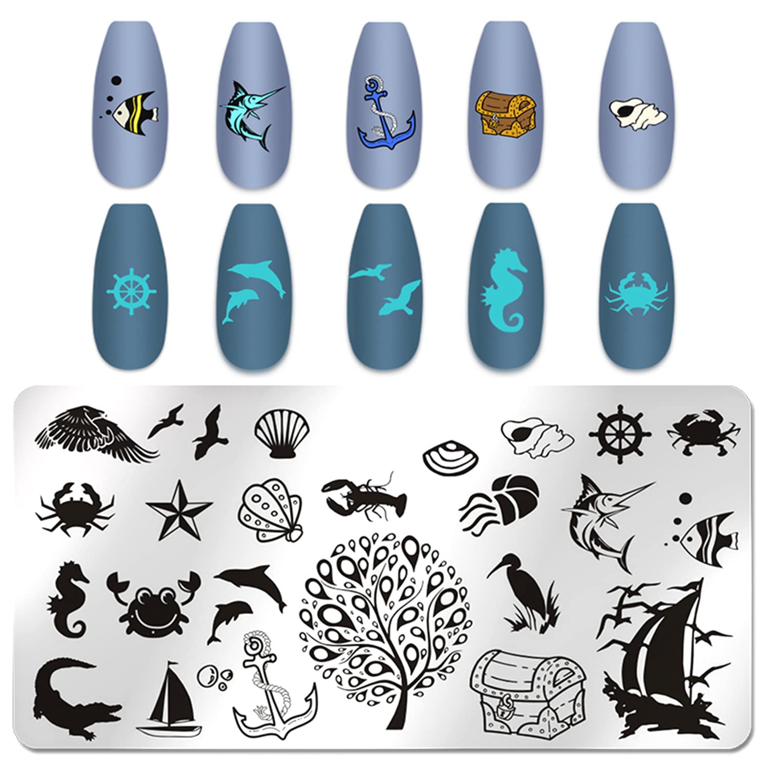 Beach Nail Stamping Kit - 6Pcs Summer Nail Art Plates for Vacation Designs | Palm Tree, Boat, Fish Patterns for Seaside Manicures