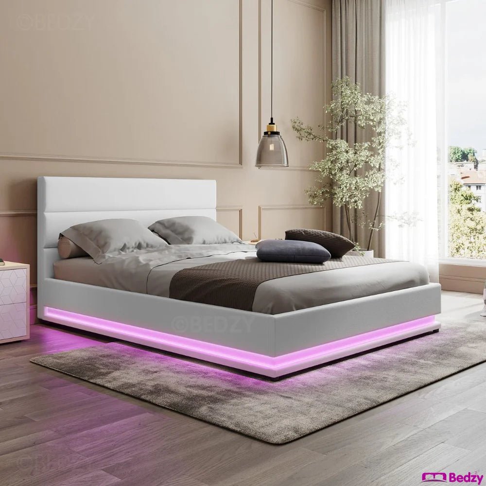 Henley Double Gas Lift Storage Bed Frame with LED Lights - White | Modern Platform Bed with Hidden Storage & Adjustable Lighting for Bedroom