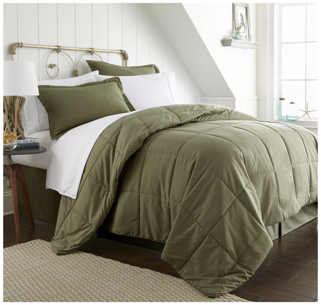 ienjoy Home California King Bed in a Bag - 7-Piece Sage Green Comforter Set with Pillow Shams, Soft Microfiber Bedding for Luxurious Comfort - Perfect for Master Bedrooms, Guest Rooms & Cozy Retreats