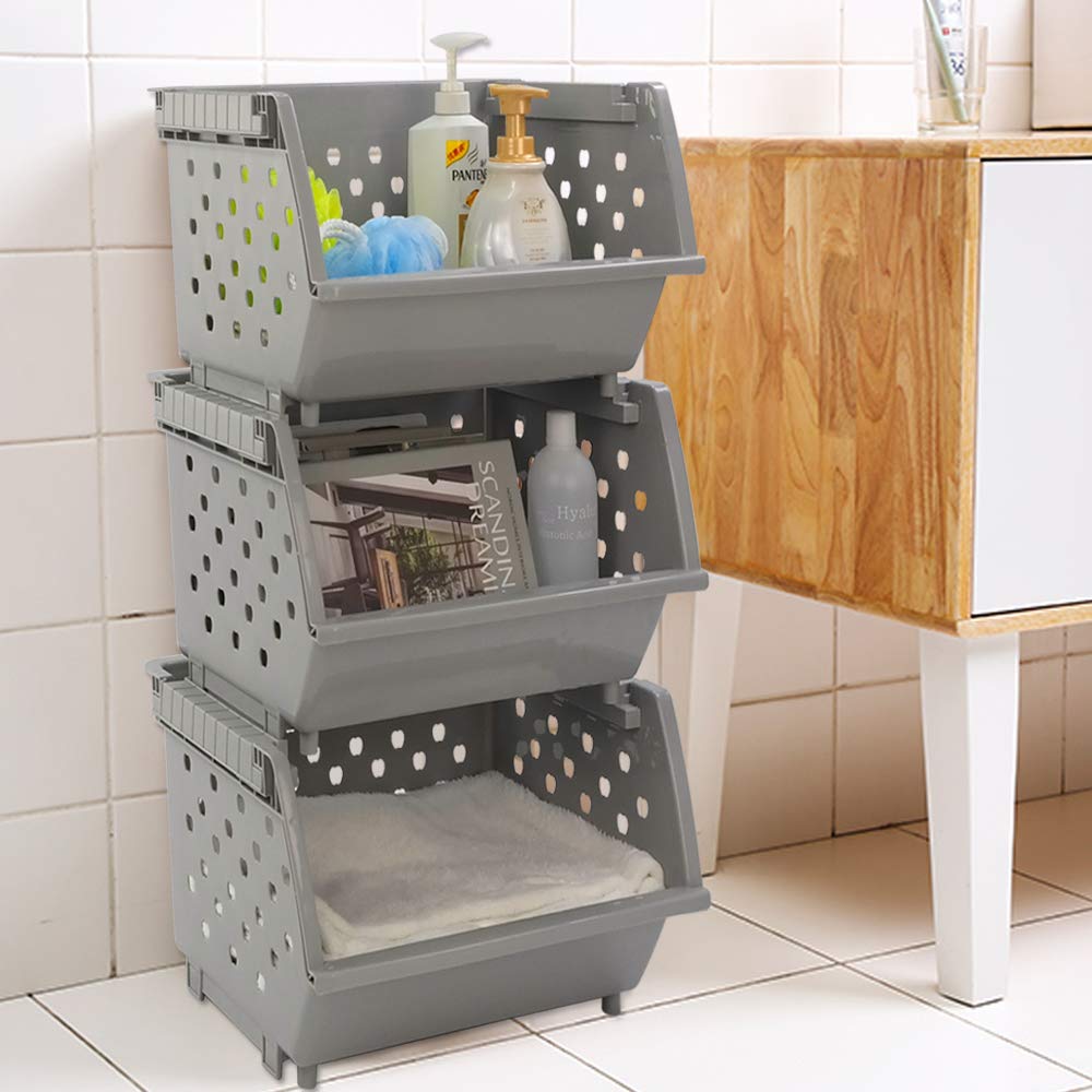 Gray Plastic Stacking Organizer Basket - Set of 3, Stackable Storage Bins for Home, Office & Closet Organization | Perfect for Shelves, Cabinets & Drawer Storage