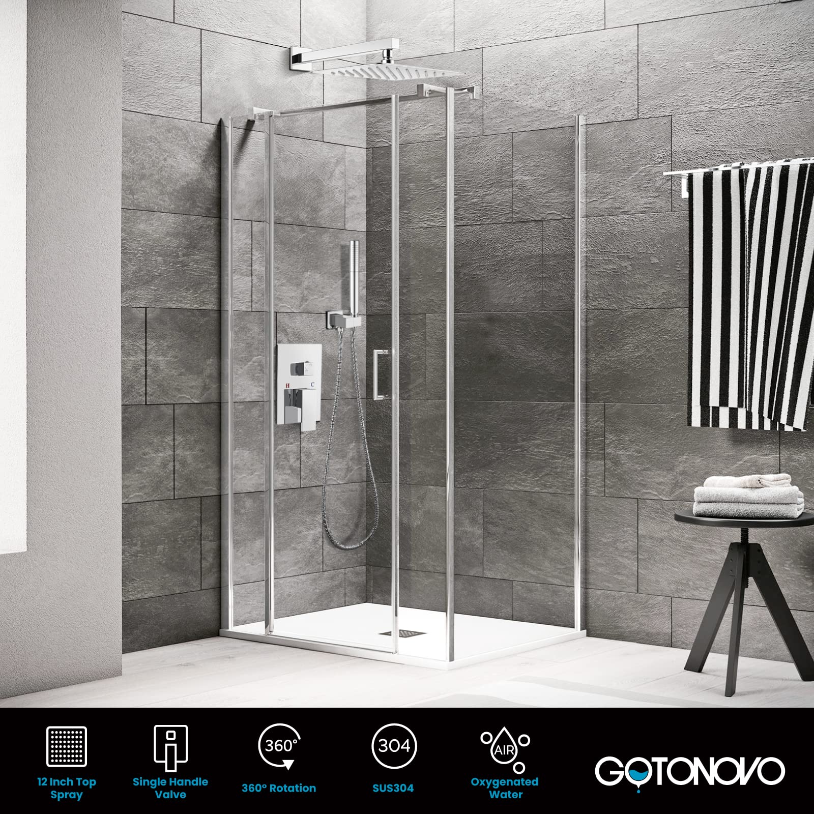 Gotonovo 12 Inch Square Chrome Polished Shower Faucet Set - Wall Mount Rainfall Shower System with 2-in-1 Cylindrical Handheld Shower & Rough-in Valve | Modern Bathroom Upgrade for Spa-Like Experience