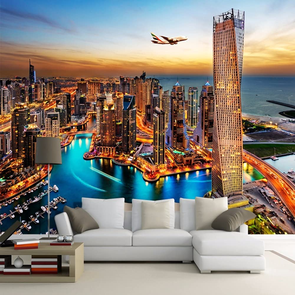 Custom Dubai City Night View 3D Mural Wallpaper - 450x300cm Self-Adhesive Wall Decal for Living Room, Bedroom & TV Background | Home Decor, Office, Commercial Space