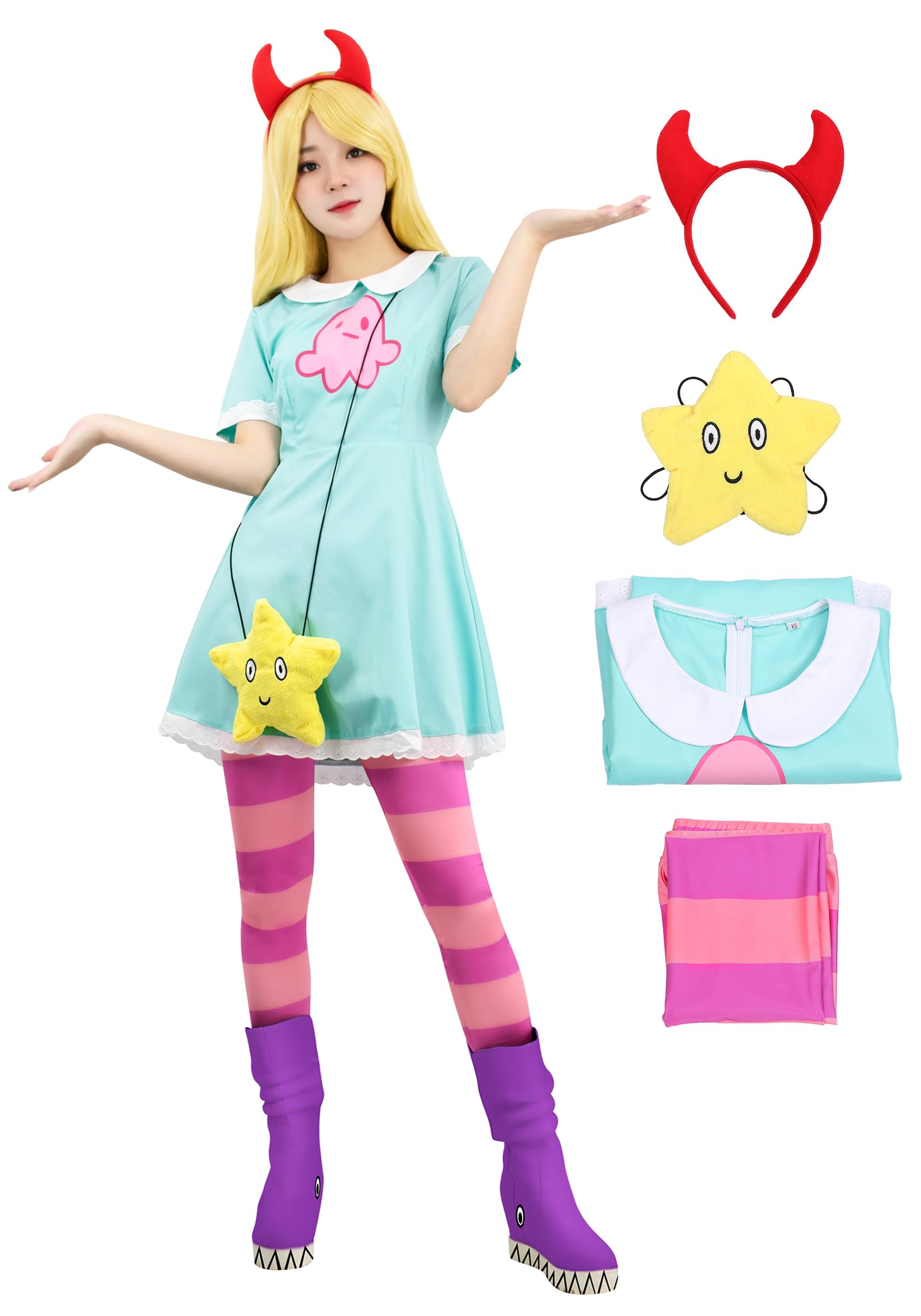 DAZCOS Women's Star Cosplay Costume Set with Horn Headband & Bag - Perfect for Halloween, Comic Con, Cosplay Parties & Fantasy Events