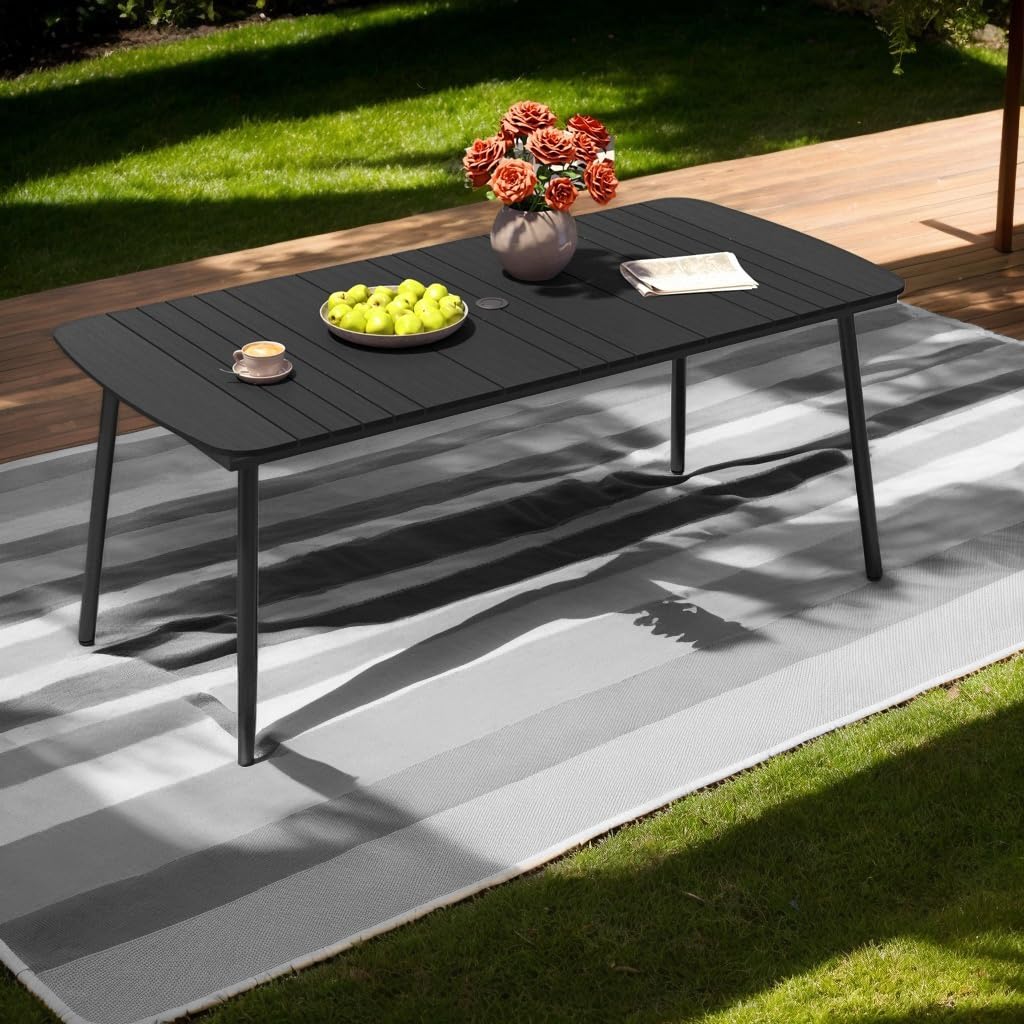 **Crestlive 70-Inch Rectangle Outdoor Dining Table for 6 - Weather-Resistant Patio Table with Umbrella Hole, Aluminum Frame & Wood-Like Tabletop - Perfect for Garden, Lawn, Backyard & Poolside Dining (Black)**