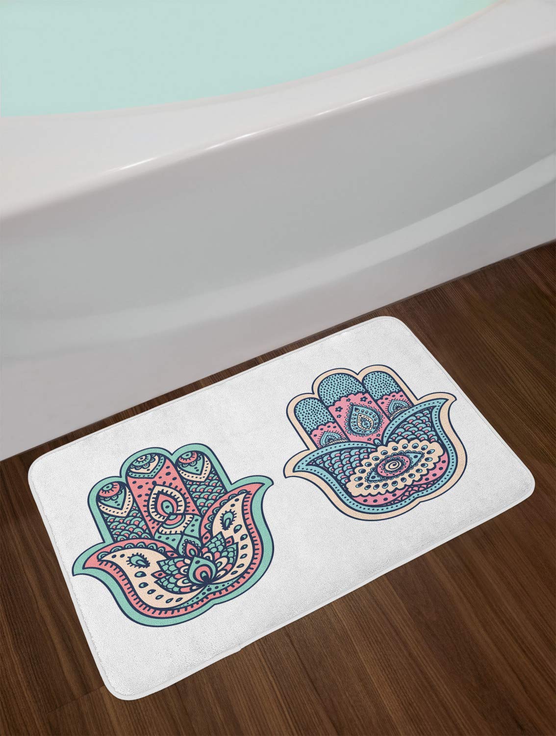 Ambesonne Non-Slip Bohemian Hamsa Hand Bath Mat - Pink & Blue Evil Eye & Lotus Design, 30.2