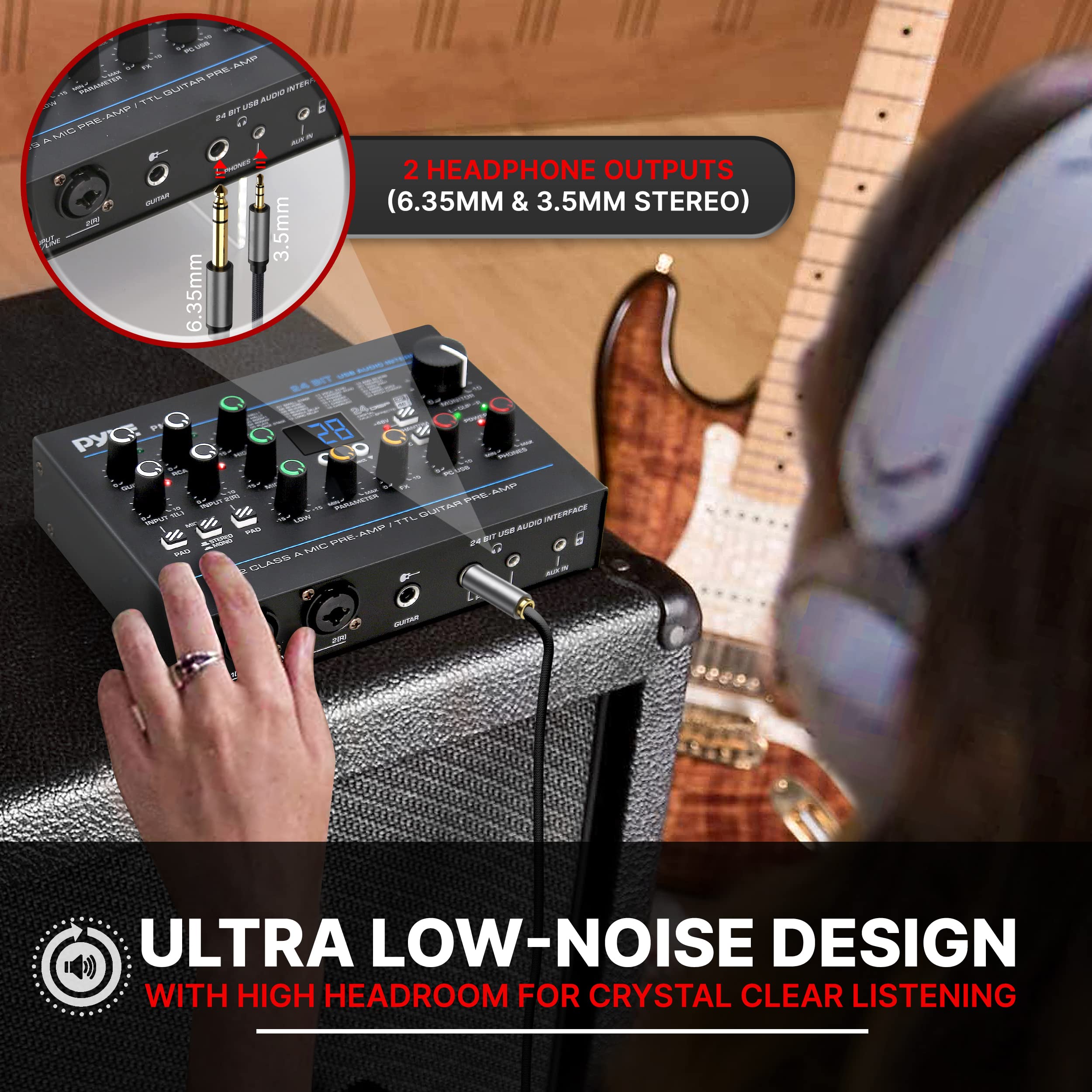 Pyle PMUX9 Professional USB Audio Interface with MIC/LINE, Guitar, AUX & RCA Inputs - 24 Digital Effects for Recording, Streaming & Podcasting - Compatible with PC, Mac, DAW Software - Perfect for Home Studio, Music Production & Live Performances