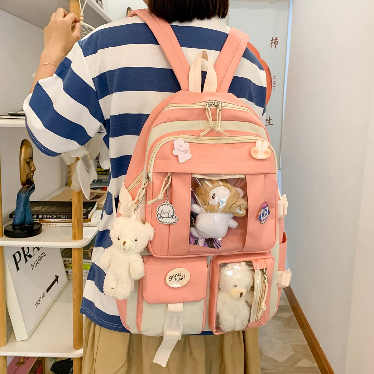 Preppy Kawaii Backpack for Girls with Pin & Accessories - Pink School Bag for Cute Aesthetic Style
