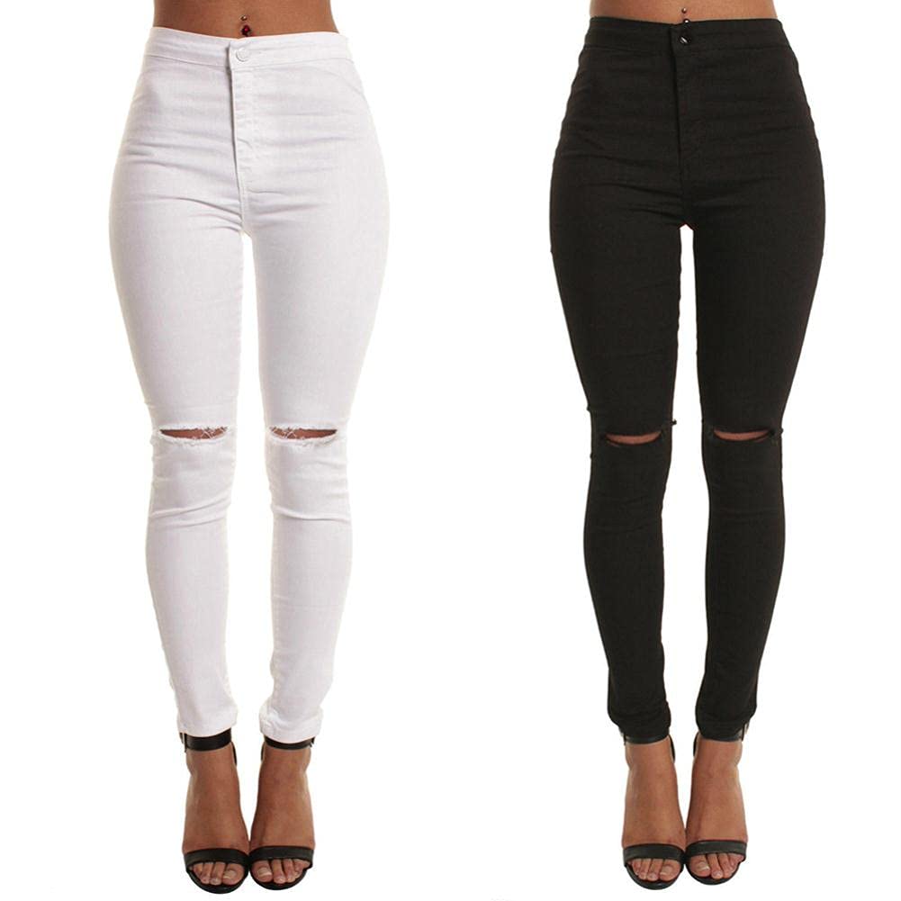 Women's High Waist Stretch Jeans Leggings - Skinny Fit Elastic Denim Pants with Zipper Details & Distressed Holes - Casual Slim Solid White Trousers for Daily Wear | Perfect for Work, Date Night & Weekend Outfits