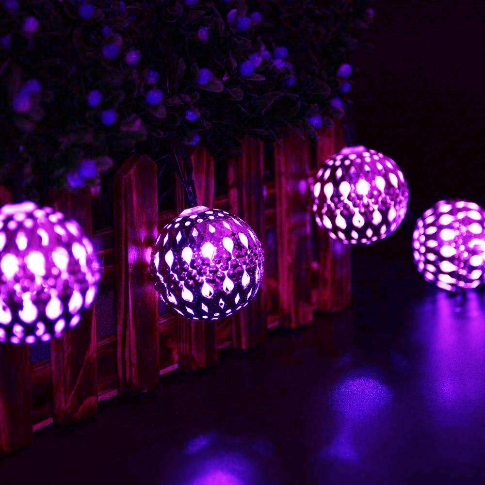 Solar Powered Moroccan Metal Ball String Lights - 12 LED 3.5M Fairy Globe Lights for Indoor & Outdoor Use | Perfect for Garden, Patio, Christmas, Wedding, Home & Party Decoration (Purple) | Create Magical Ambiance for Evening Gatherings & Special Events