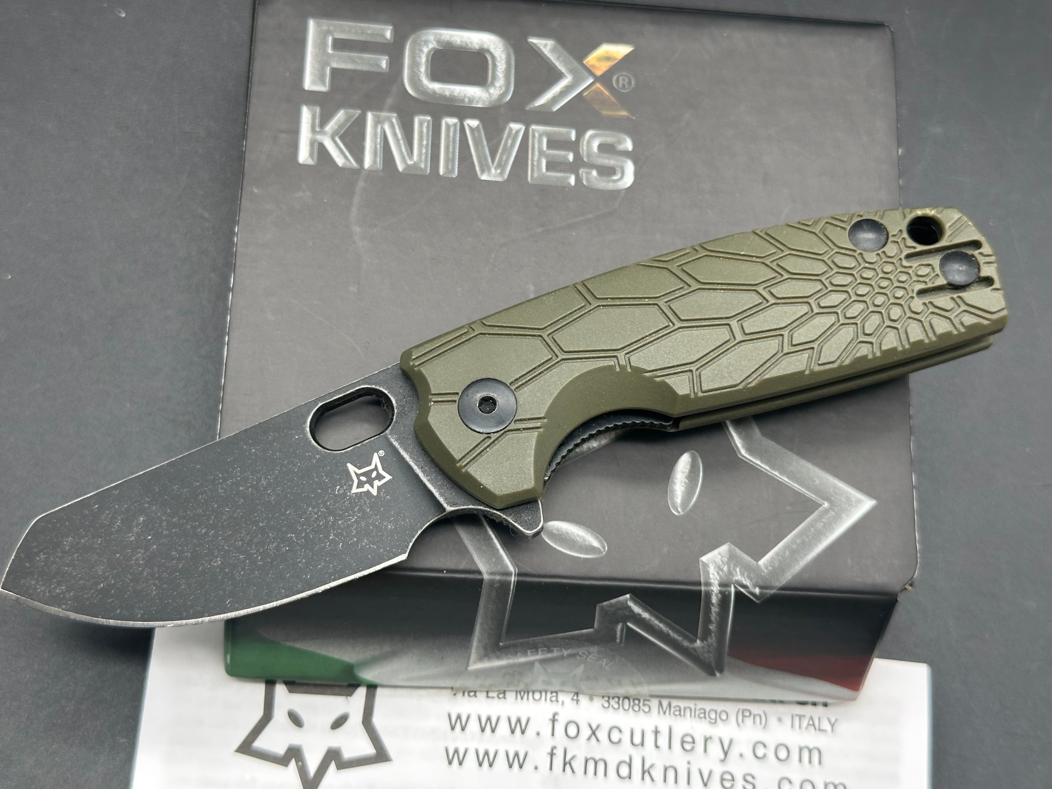 Fox Knives Baby Core Mini Liner Lock Pocket Knife - Green FRN Handle, EDC Folding Knife for Camping, Hiking & Outdoor Activities