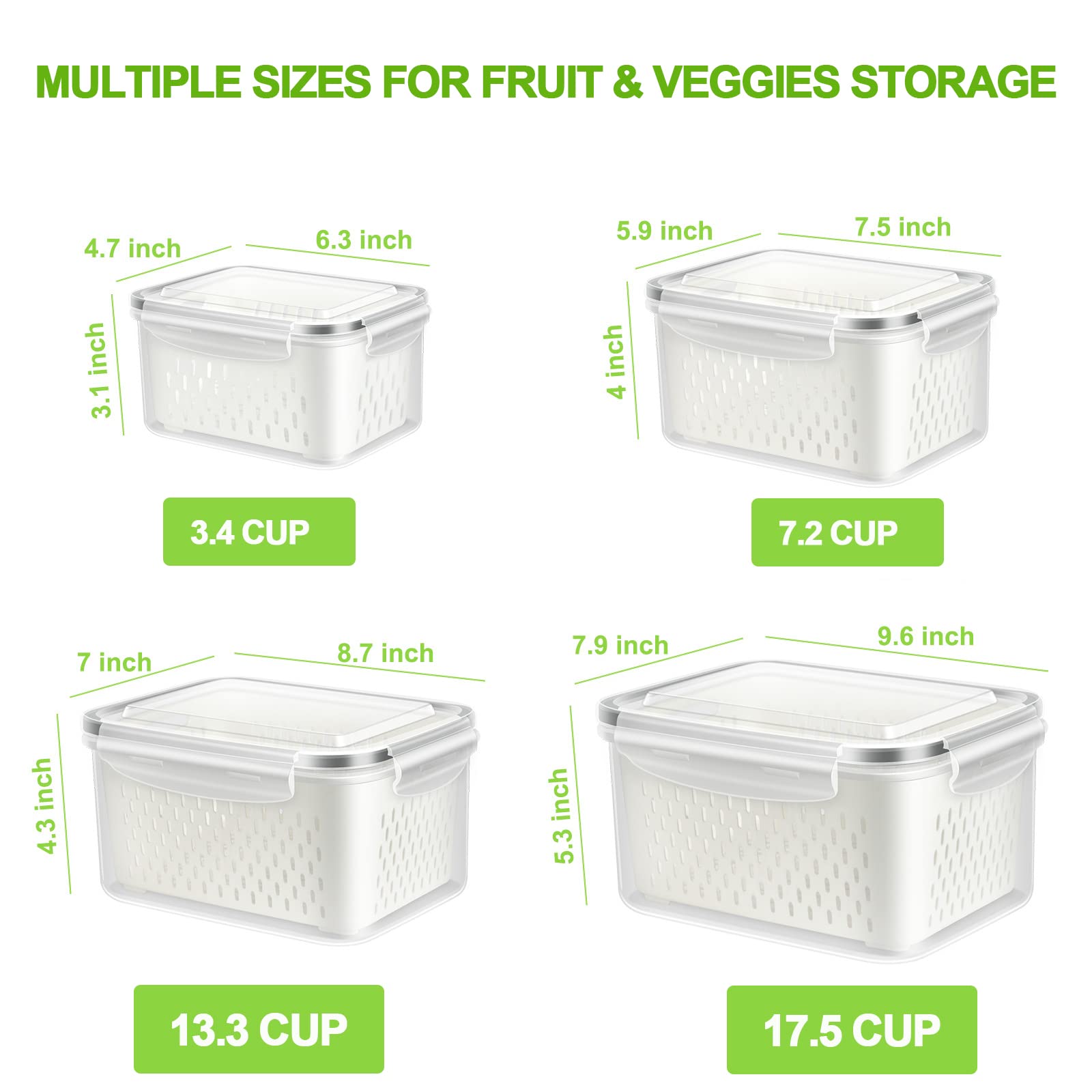 TBMax 4-Pack Airtight Fruit Storage Containers for Refrigerator - Large Produce Saver with Lid & Colander for Berries, Lettuce, Salad, Vegetables | Fridge Organizers & Food Storage | Perfect for Meal Prep, Grocery Organization & Fresh Food Preservation