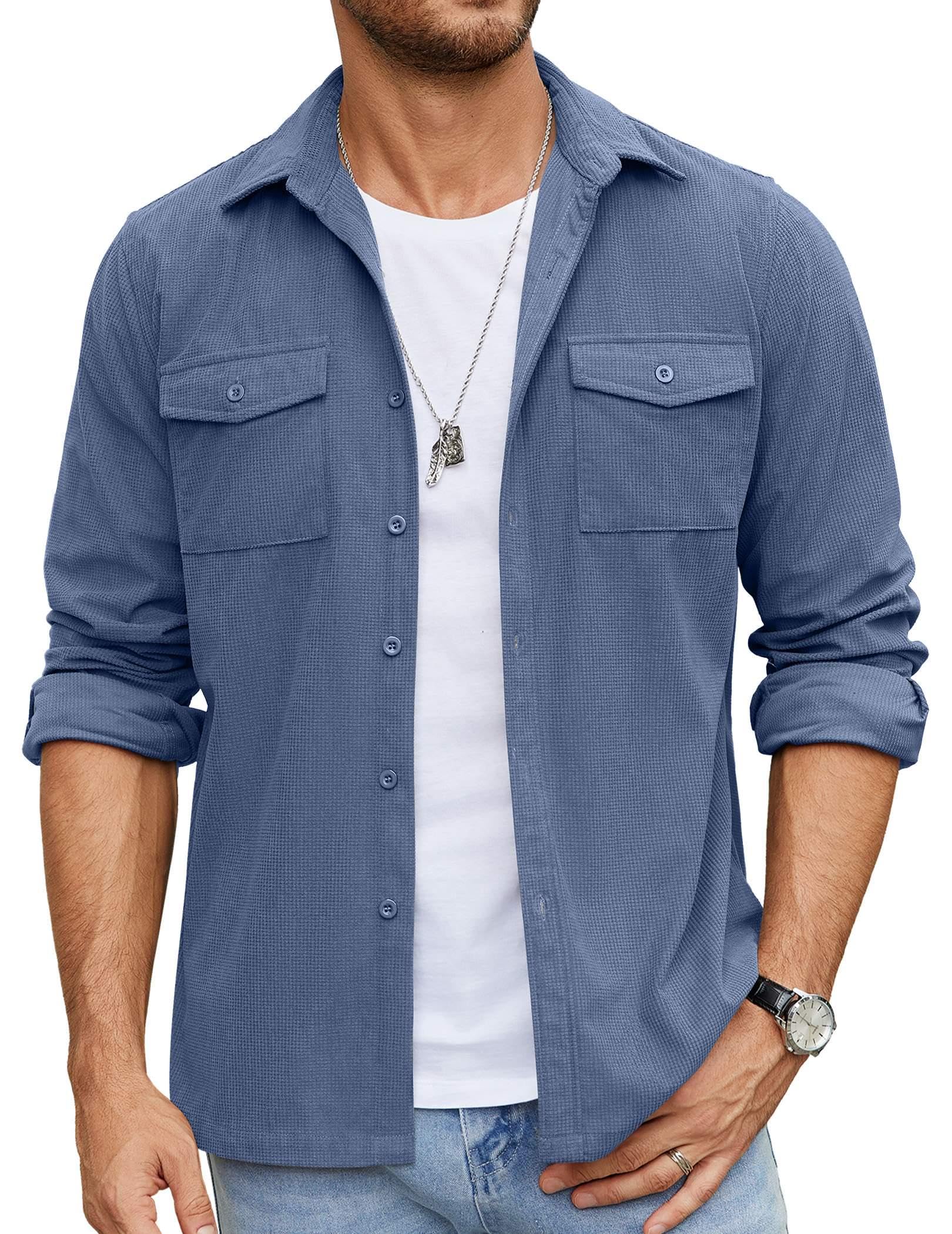 COOFANDY Men's Casual Waffle Button Down Shirt Jacket - Lightweight Long Sleeve Shacket with Flap Pockets for Fall Layering & Outdoor Activities