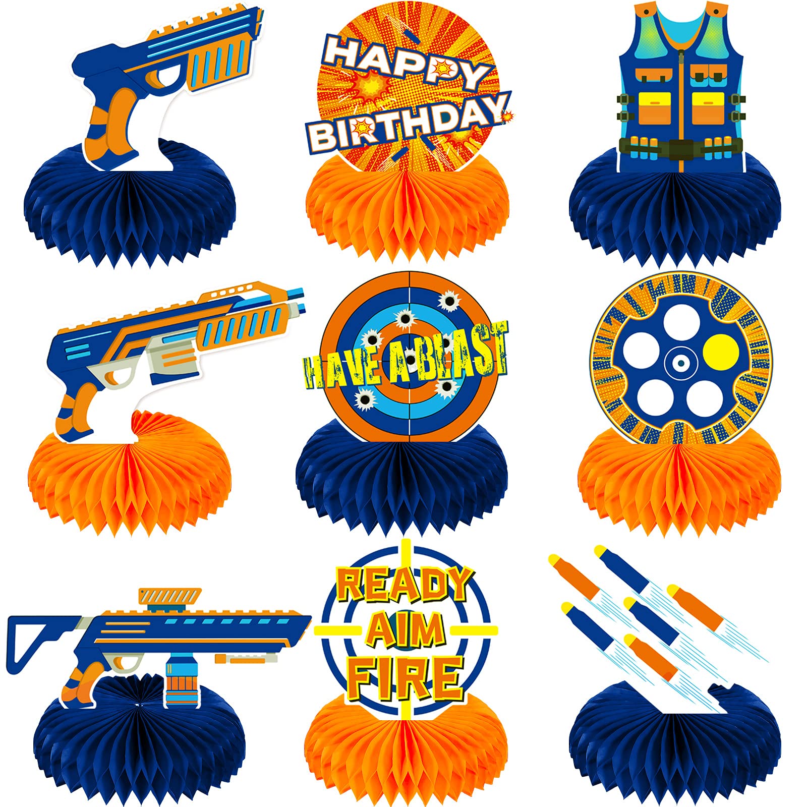 Outus 9-Piece Dart Battle Party Decorations Kit - Honeycomb Centerpieces, Double-Sided Table Toppers for Blaster Battle Theme Birthday Parties - Perfect for Kids' Birthday, Nerf War, and Game Night Decorations