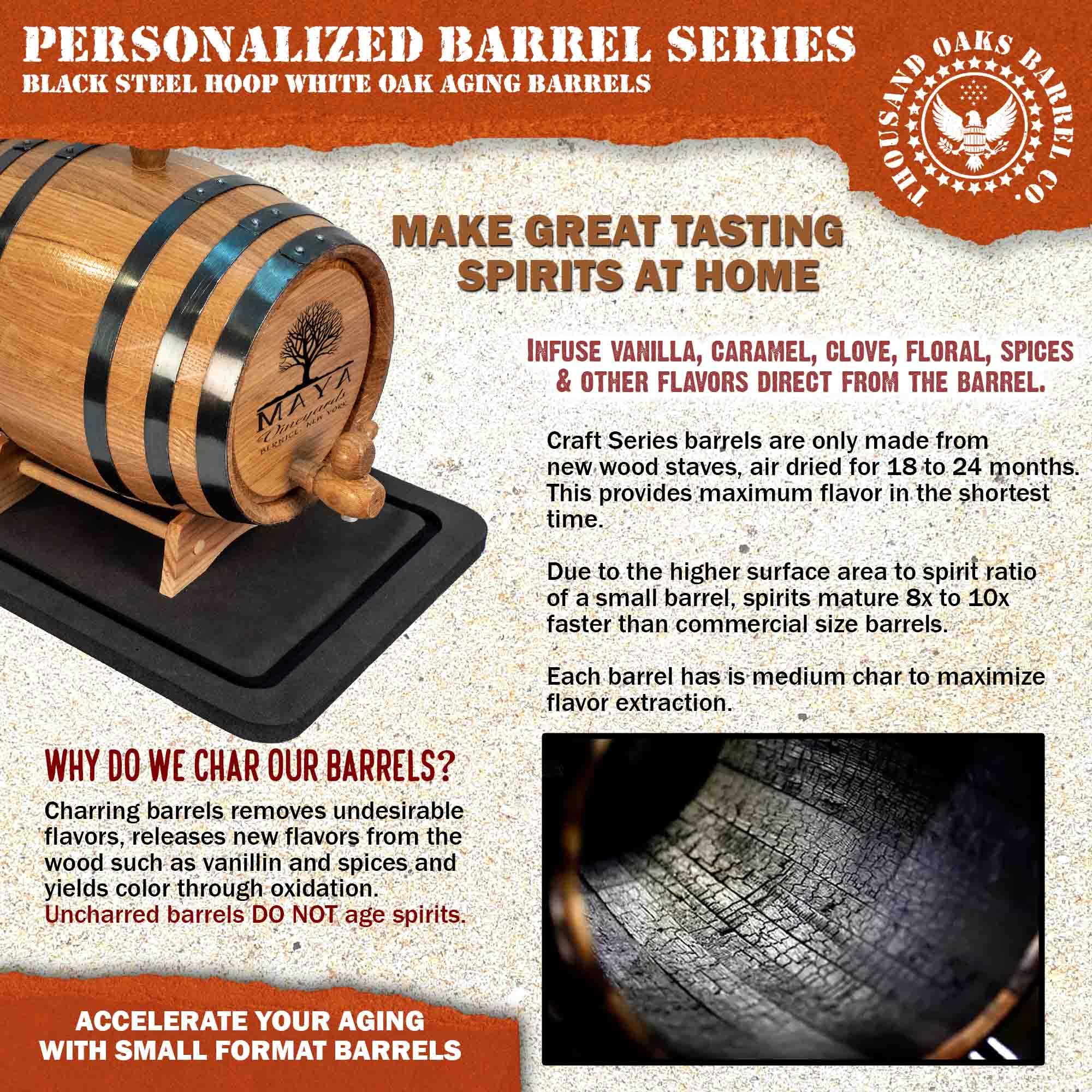 Personalized 10 Liter Oak Wine Barrel (2.5 Gallon) with Stand, Bung & Spigot - Age Whiskey, Bourbon, Cocktails & Beer - Laser Engraved Vineyard Design (B331) - Perfect for Home Bars, Gifts & Craft Beverage Aging