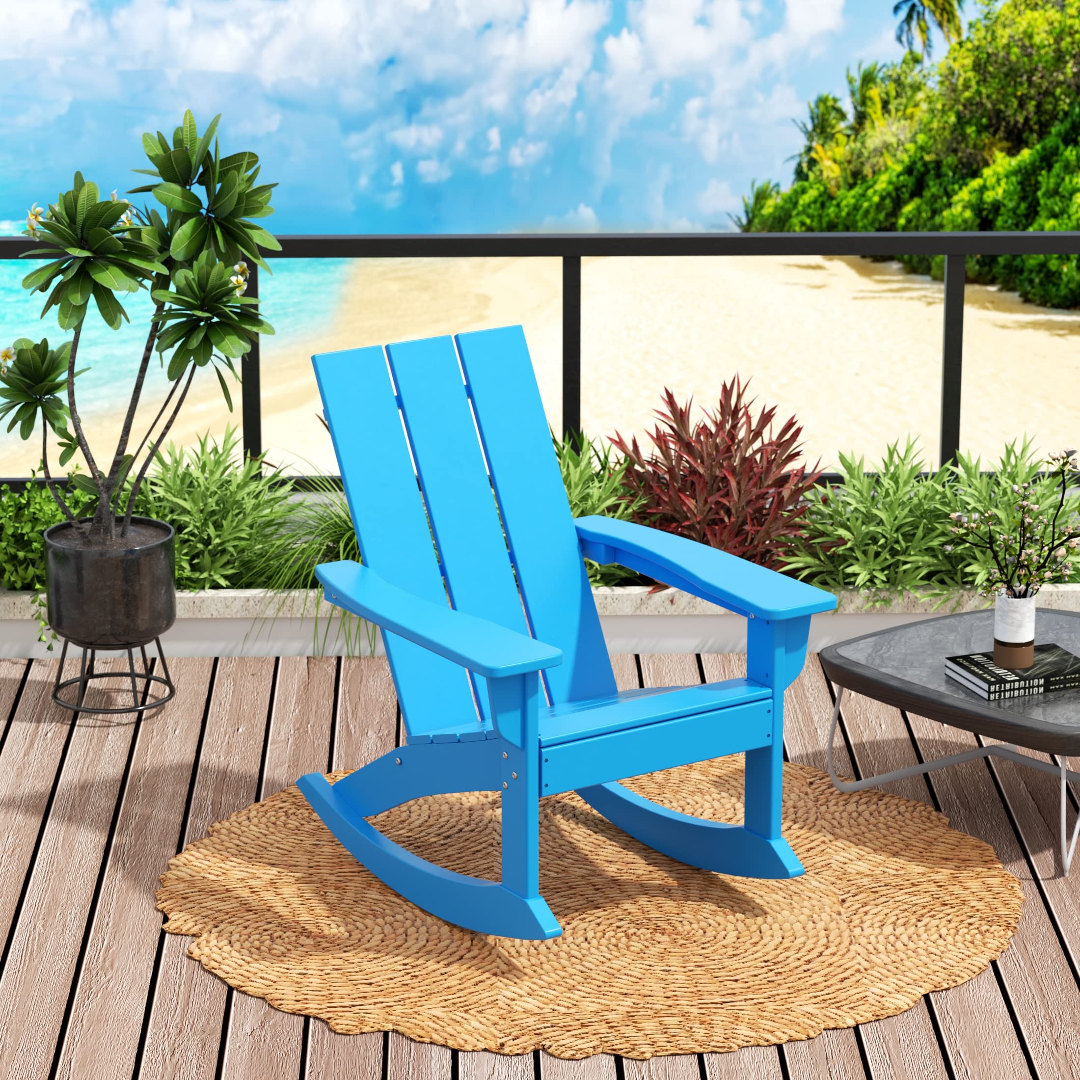 WO Home Furniture 4-Piece Patio Rocking Chair Set - Modern Outdoor HDPE UV-Resistant Rocking Chairs in Pacific Blue - Perfect for Backyard, Garden, Poolside & Porch Relaxation