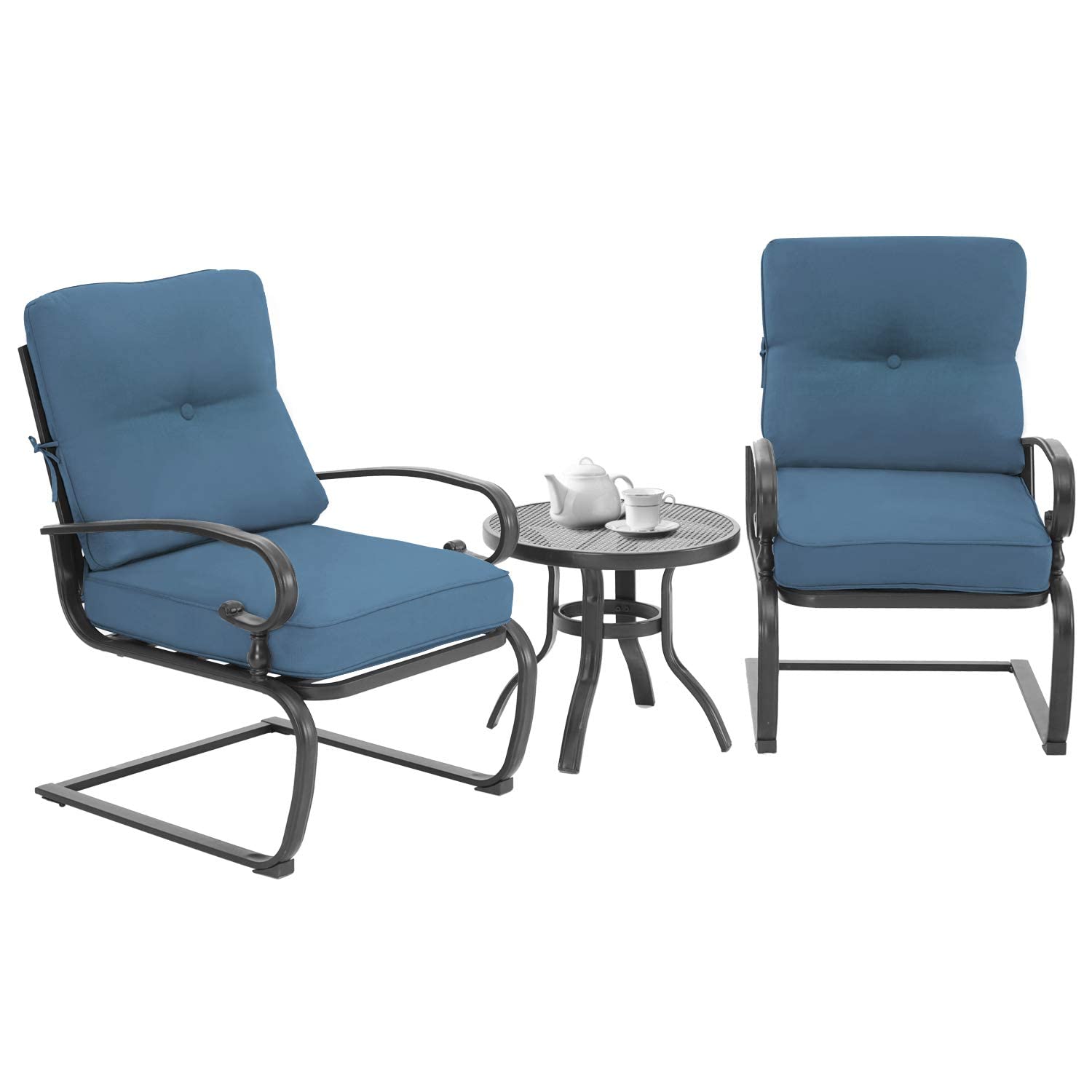 SUNCROWN 3-Piece Outdoor Patio Bistro Set with Spring Motion Chairs & Round Cafe Table - Steel Frame Conversation Furniture with Cushions (Peacock Blue) - Perfect for Garden, Balcony, and Backyard Relaxation