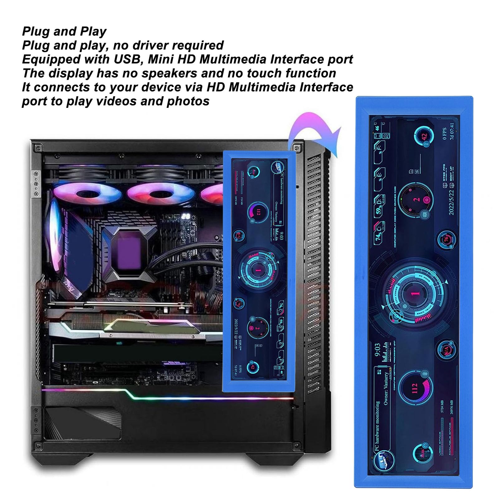 Sxhlseller 8.8 Inch PC Temperature Monitor - HD IPS 1920x480 LCD Secondary Display for CPU/GPU Stats with Real-Time Data (Blue) - Perfect for Gaming Rigs, Workstations & PC Builds