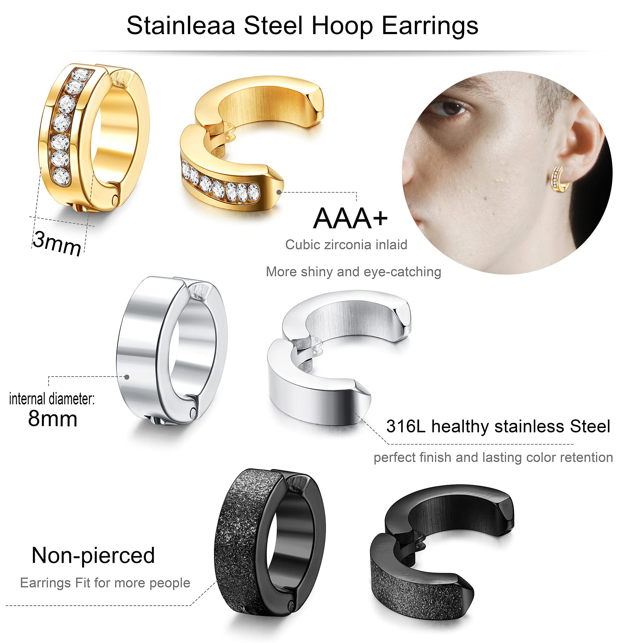 FIBO STEEL 9 Pairs Non-Piercing Clip On Earrings for Men & Women - Stainless Steel Hoop Earrings with CZ Stones | Hypoallergenic, Comfort Wear for Sensitive Ears | Perfect for Work, Parties & Special Occasions