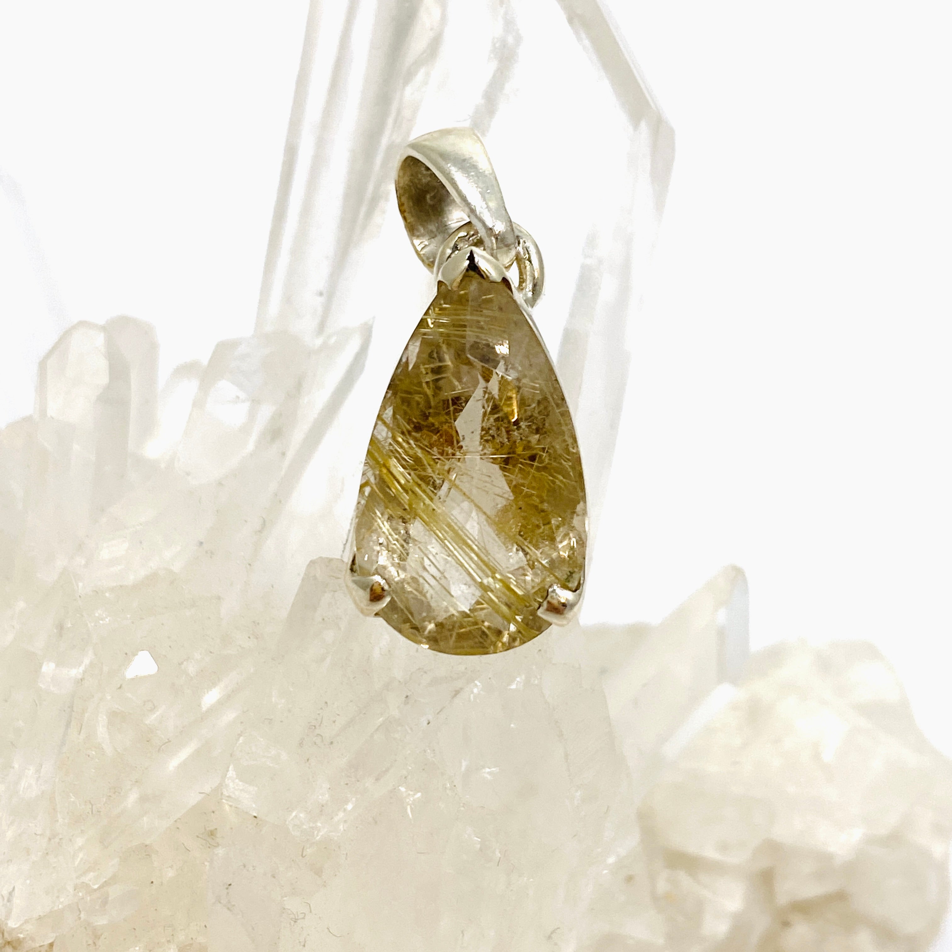 Golden Rutile Quartz Teardrop Faceted Pendant Necklace - Natural Crystal Jewelry for Women - Perfect for Spiritual Healing, Meditation & Elegant Occasions