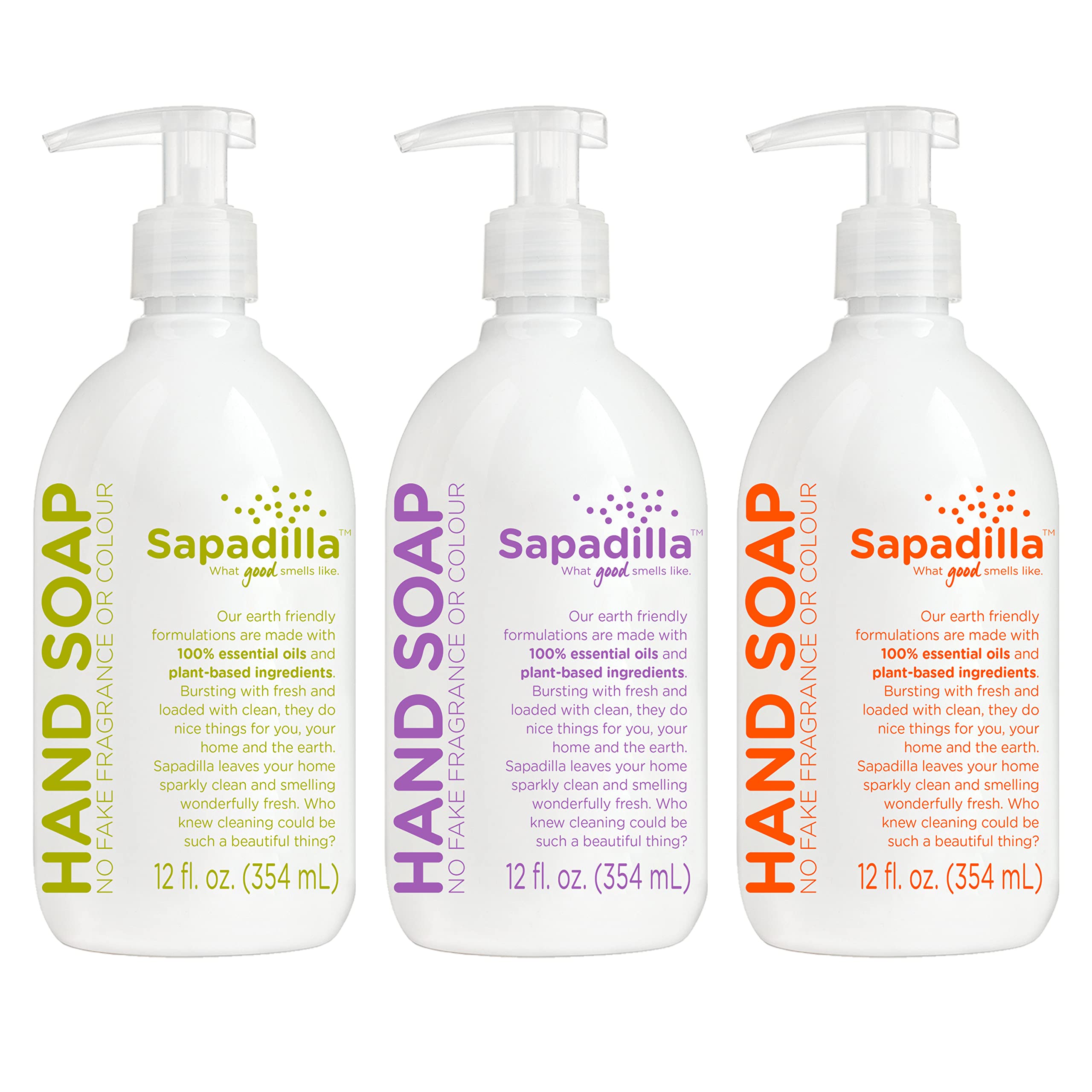Sapadilla Liquid Hand Soap - 3 Pack Variety Scents (12oz Each) | 100% Pure Essential Oil Blends | Moisturizing & Aromatic Plant-Based Formula | Biodegradable & Eco-Friendly | Perfect for Home, Office, and Travel Use