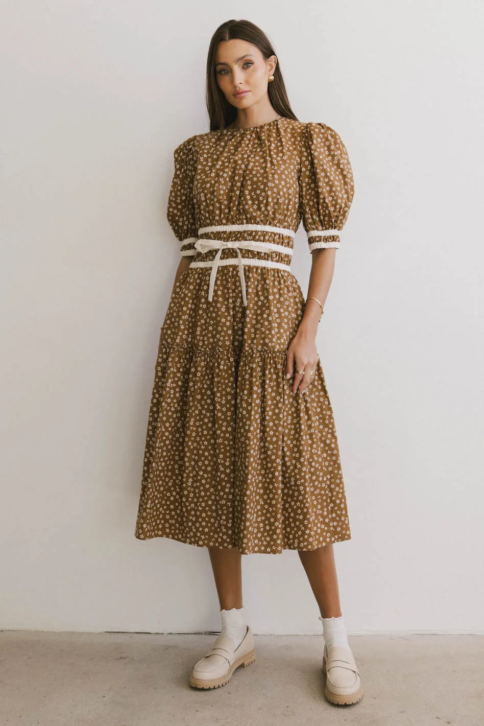Kendra Ditsy Floral Midi Dress - Brown | Women's Casual Summer Dress for Beach, Wedding & Date Night | FINAL SALE