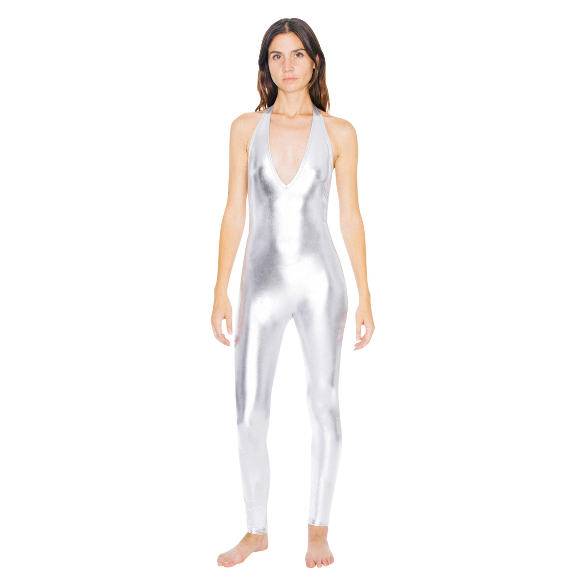 American Apparel Women's Metallic Halter Catsuit - Sexy Shiny Bodycon Jumpsuit for Clubwear, Cosplay & Night Out Outfits