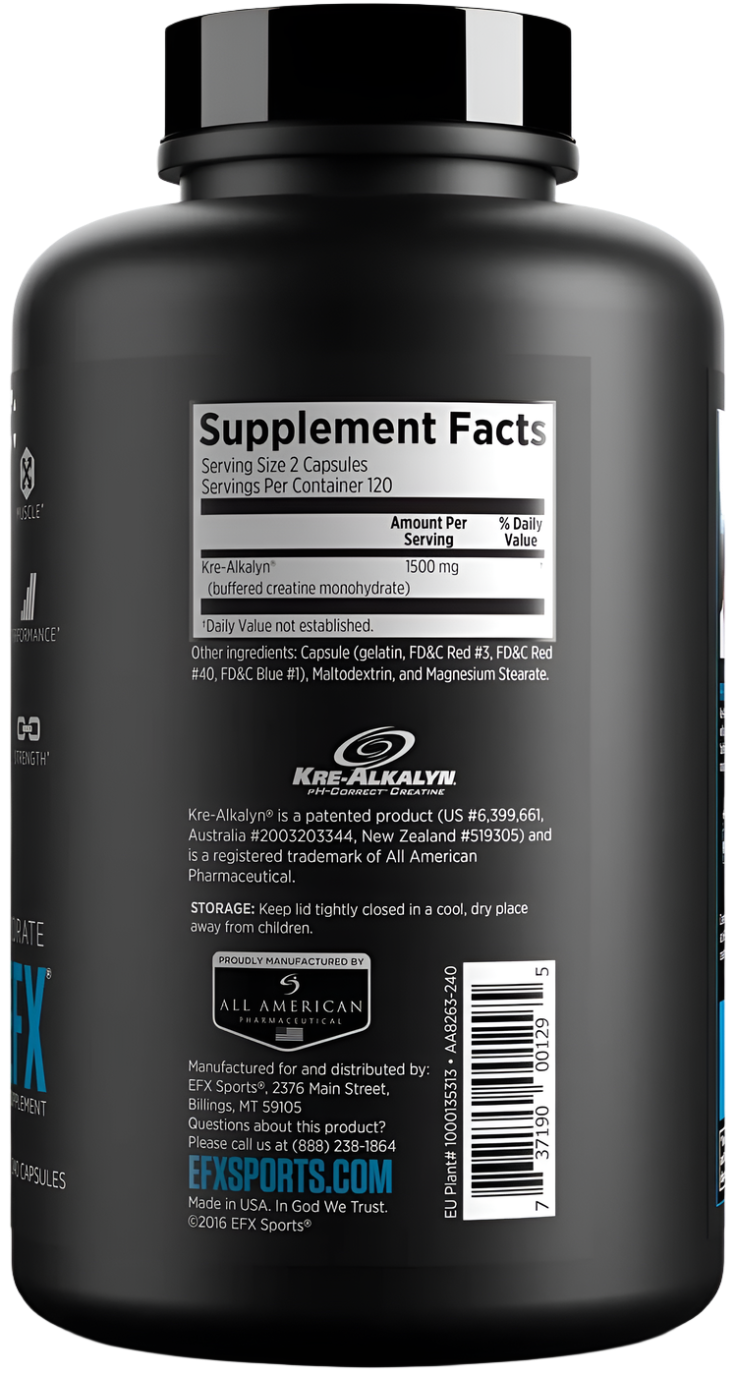 EFX Sports Kre Alkalyn 240 Capsules - Premium Creatine Supplement for Muscle Growth & Strength | Ideal for Athletes, Bodybuilders & Fitness Enthusiasts