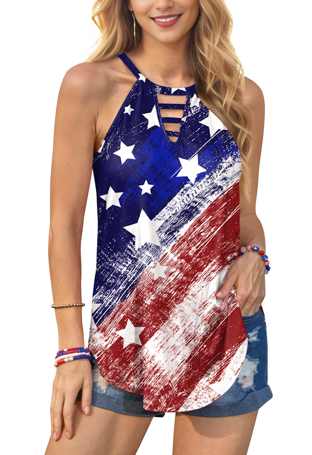 Maisolly Women's 4th of July USA Flag Keyhole Tank Top - Patriotic Independence Day Outfit for BBQ, Beach & Summer Festivals