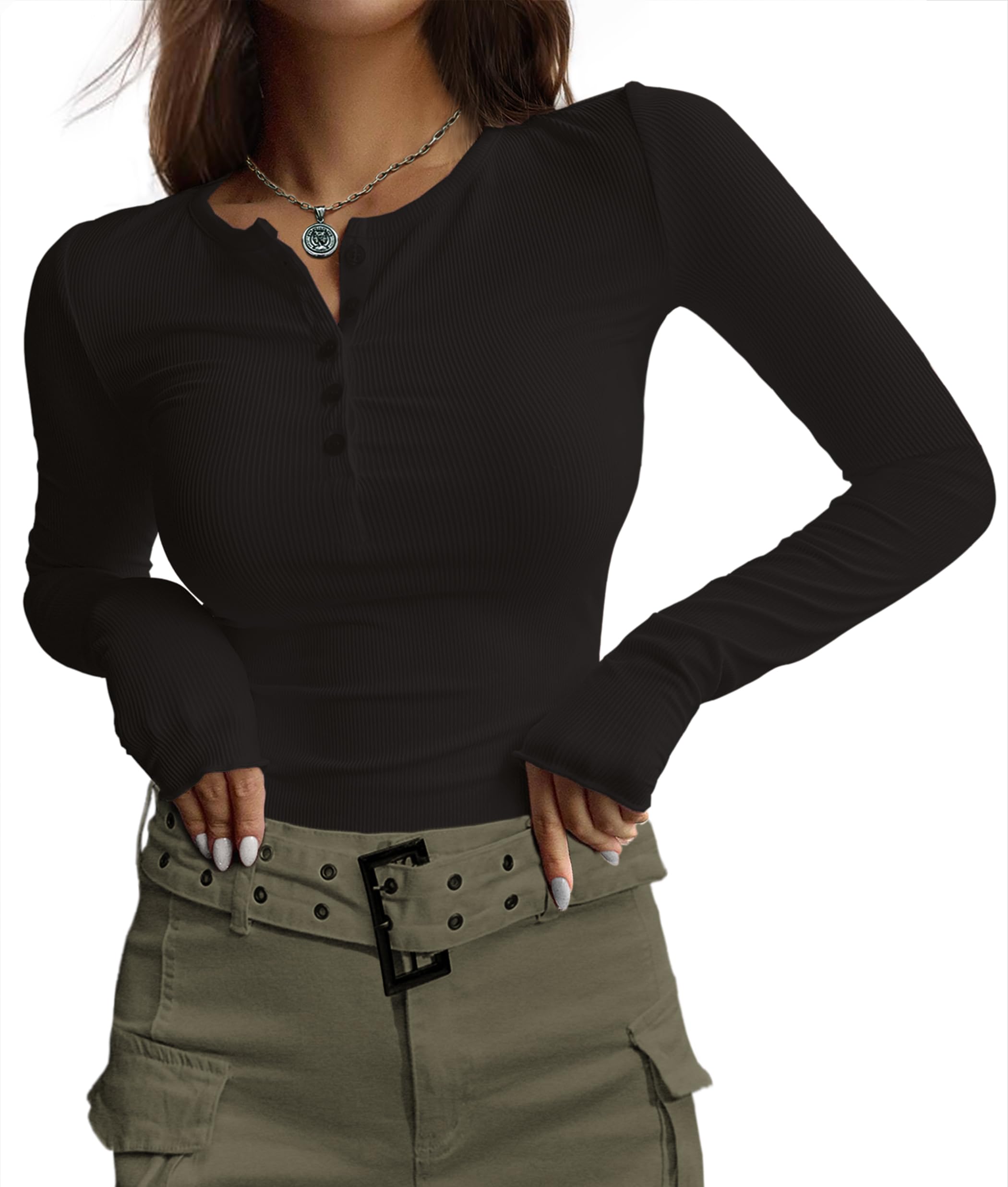 Ekouaer Women's Long Sleeve Henley Shirts - Button Down Ribbed Knit Tops for Layering, Slim Fit Thermal Underwear, Soft & Comfortable for Winter, Fall, Work & Casual Wear