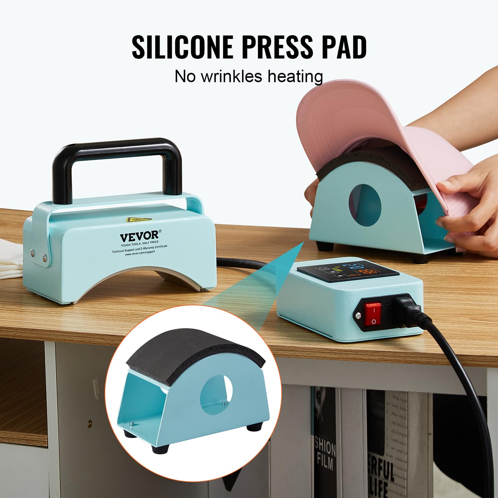 VEVOR Mini Hat Heat Press Machine for Caps - 5.9x3.15 Inch Curved Heating Plate with Safety Base, Glove & Auto Shut-Off - Perfect for Custom Hat Printing, DIY Projects & Small Business Use