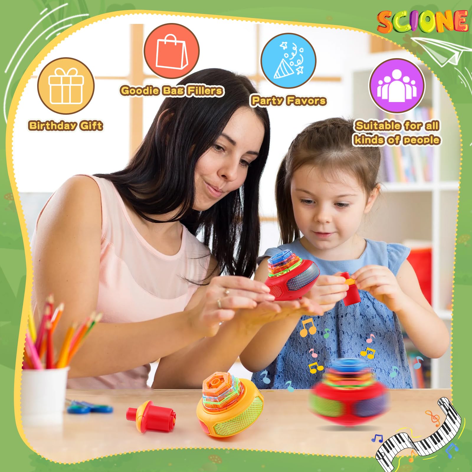SCIONE 2-Pack LED Spinning Tops - Glow in The Dark Light Up Toys with Music for Kids, Perfect Birthday Gifts, Halloween Party Favors, Classroom Treasure Box Prizes & Christmas Stocking Stuffers for Boys and Girls